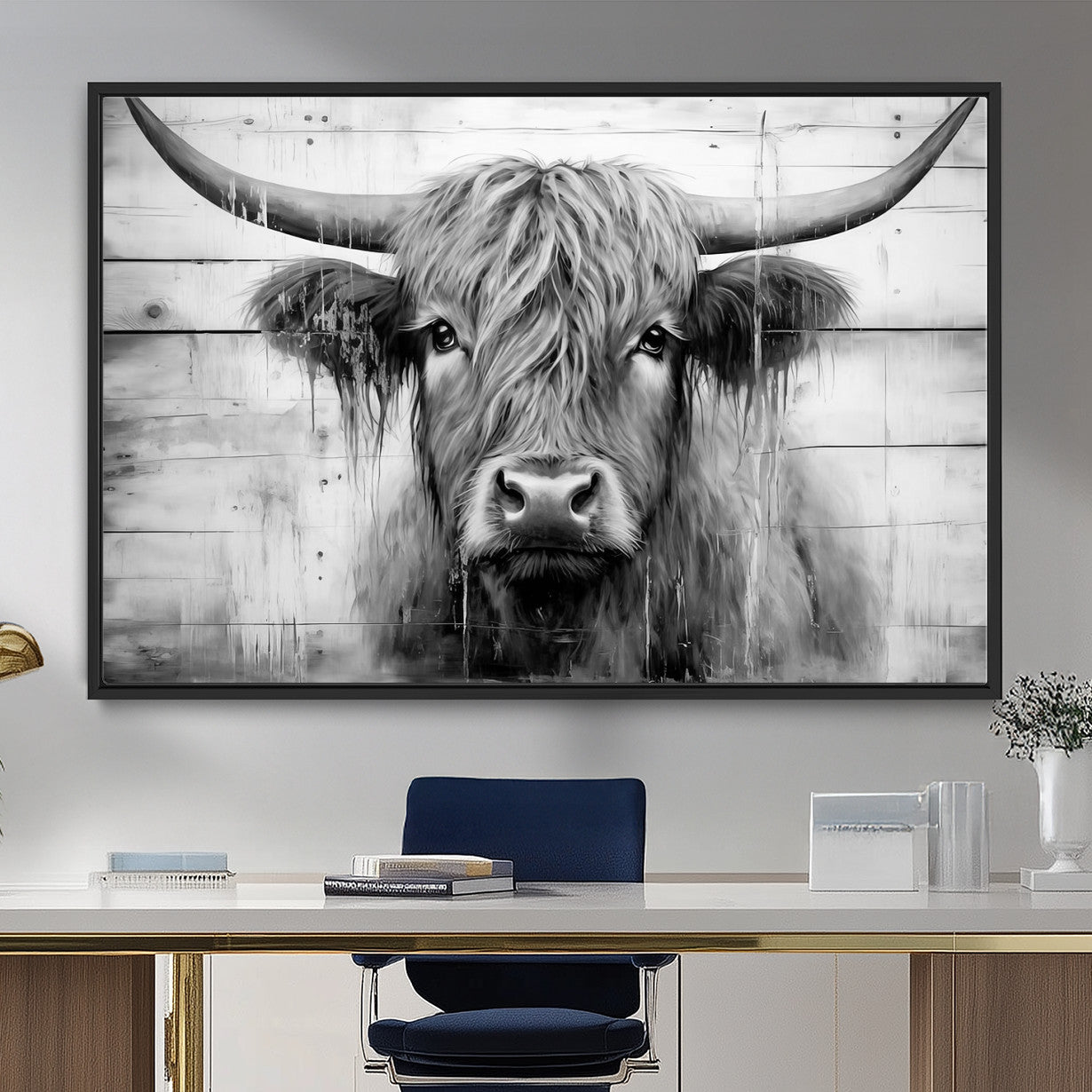 1001HASAN27-MGV-FC-36X24 - Black White Highland Cow Wall Art Canvas Print