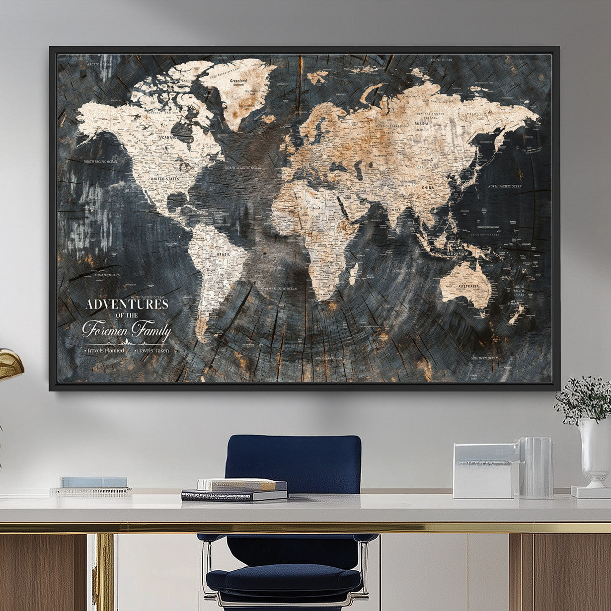 58265369-MGV-FC-36X24 - Customized Push Pin World Map Wall Art Canvas Print with Pins, Personalized Travel Tracker Map, Framed World Map for Living Room, Office and Home Decor
