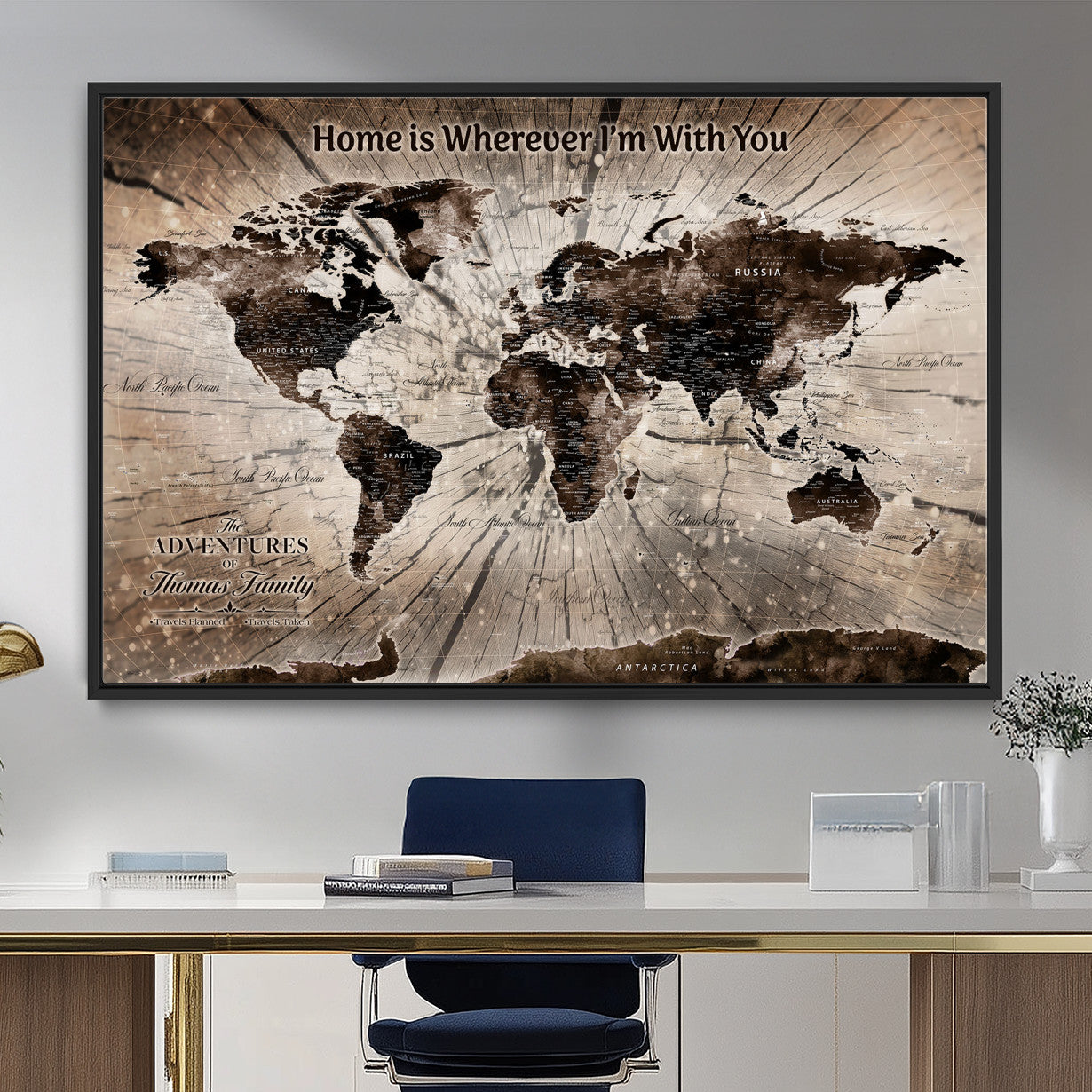 72371980-MGV-FC-36X24 - Personalized World Map Wall Art – Customizable Push Pin Framed Canvas Print Unique Travel Decor for Home, Office
