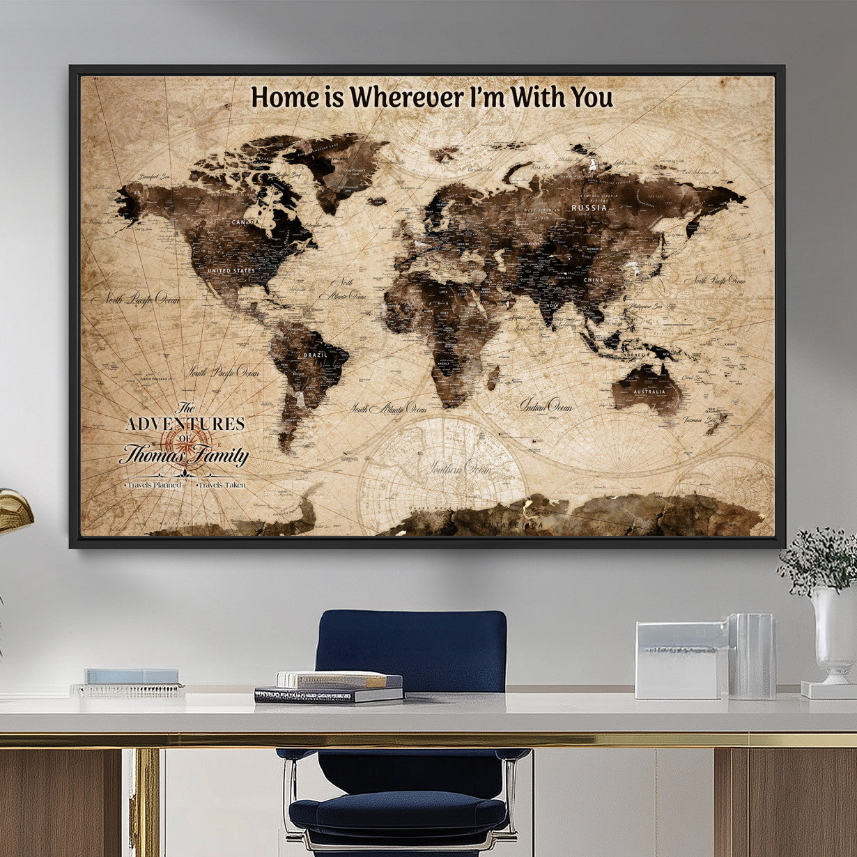 31398786-MGV-FC-36X24 - Personalized World Map Wall Art – Custom Framed Push Pin Travel Tracker Canvas Print Unique Gift for Home, Office