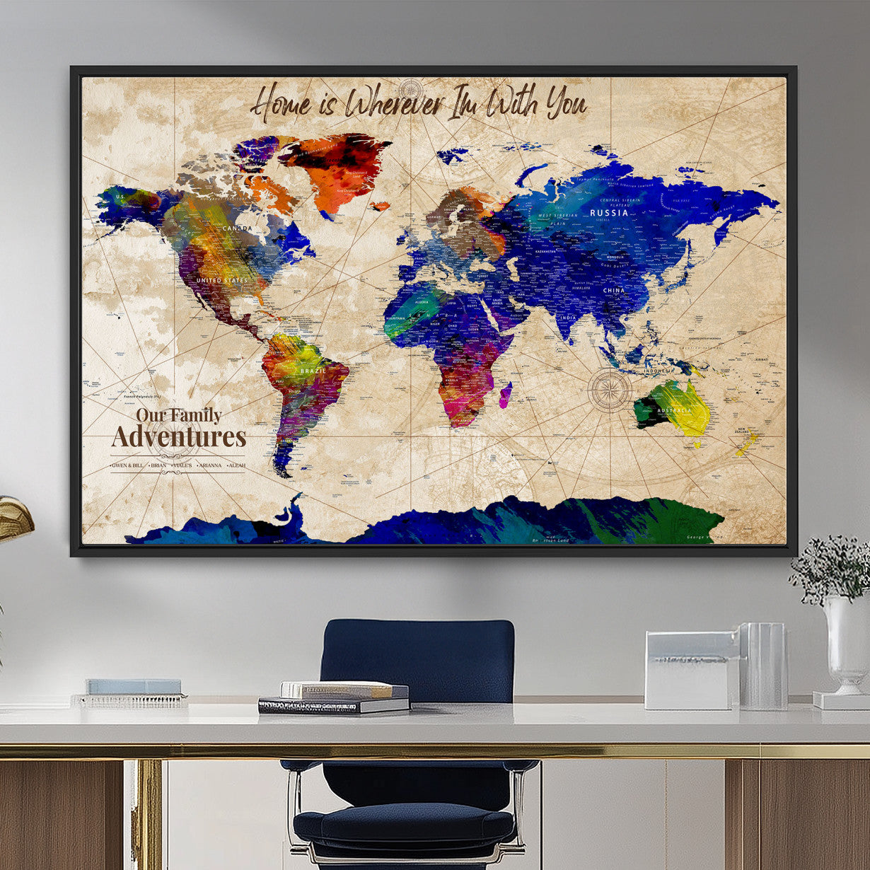 42795268-MGV-FC-36X24 - Personalized Push Pin World Map Canvas Print – Custom Adventure Travel Map, Framed Wall Art Gift for Couples or Family