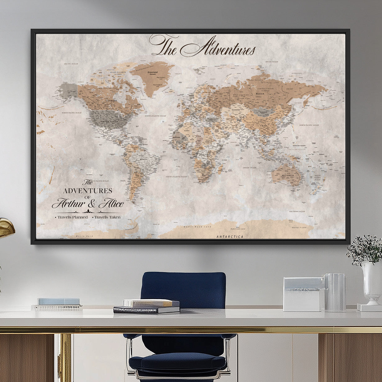 91774967-MGV-FC-36X24 - Personalized Push Pin World Map Canvas Print – Custom Framed Travel Tracker Artwork for Couples or Home Decor