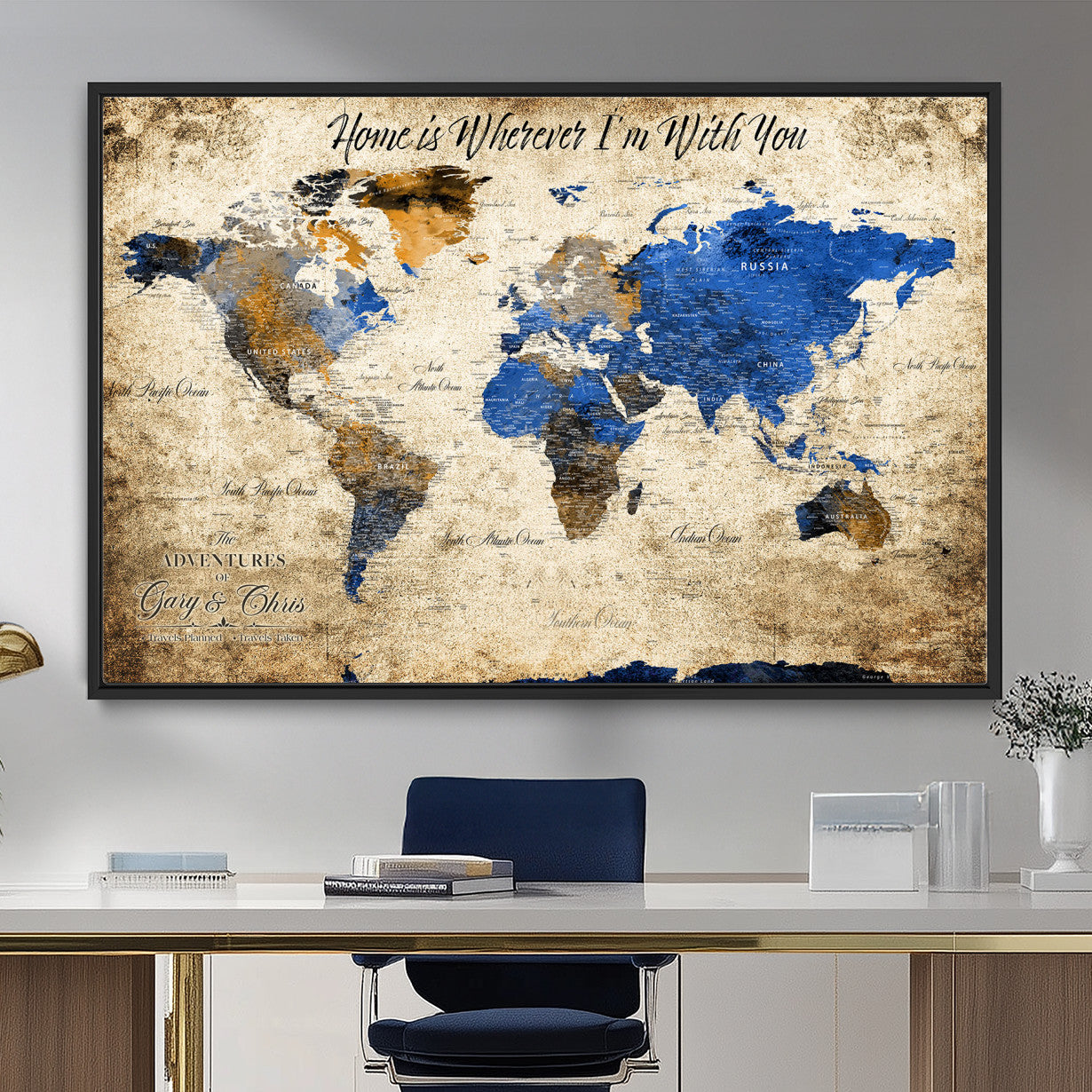 20854758-MGV-FC-36X24 - Personalized Push Pin World Map Canvas Print – Custom Framed Travel Tracker Artwork with Pins for Home and Office Decor