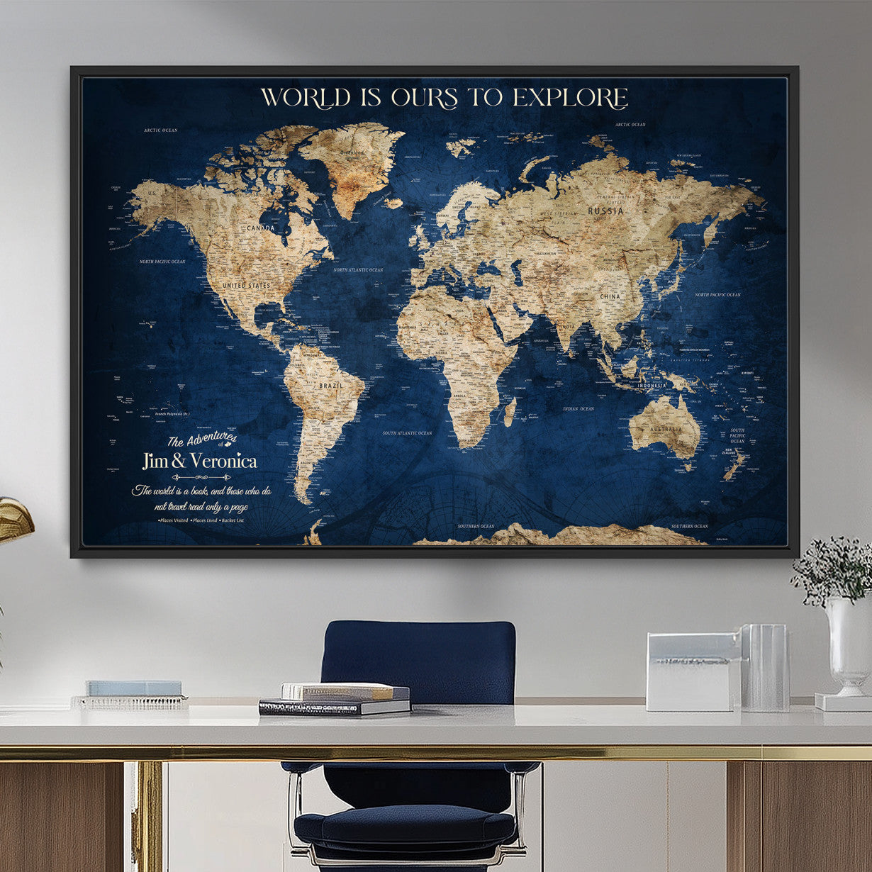 33364828-MGV-FC-36X24 - Personalized World Map Wall Art – Custom Framed Push Pin Travel Tracker Canvas Print Unique Gift for Home, Office