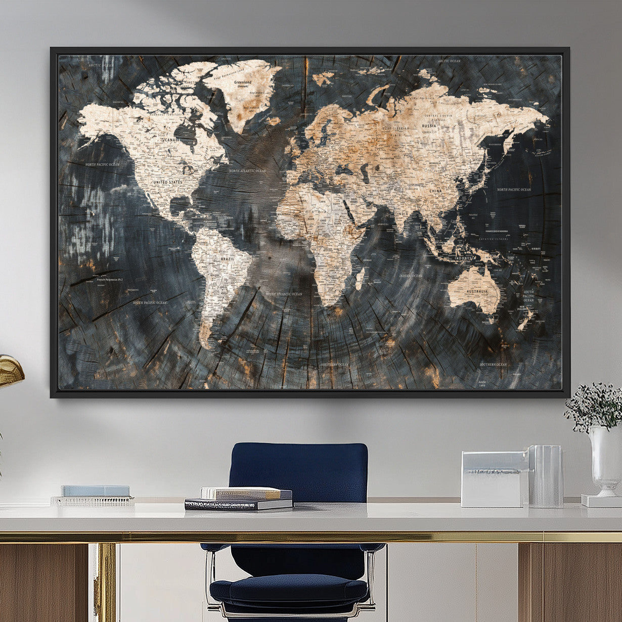 57626704-MGV-FC-36X24 - World Map Wall Art Canvas Print, Modern Decorative Framed Map Artwork Prints for Living Room, Office, Bedroom Wall Decor
