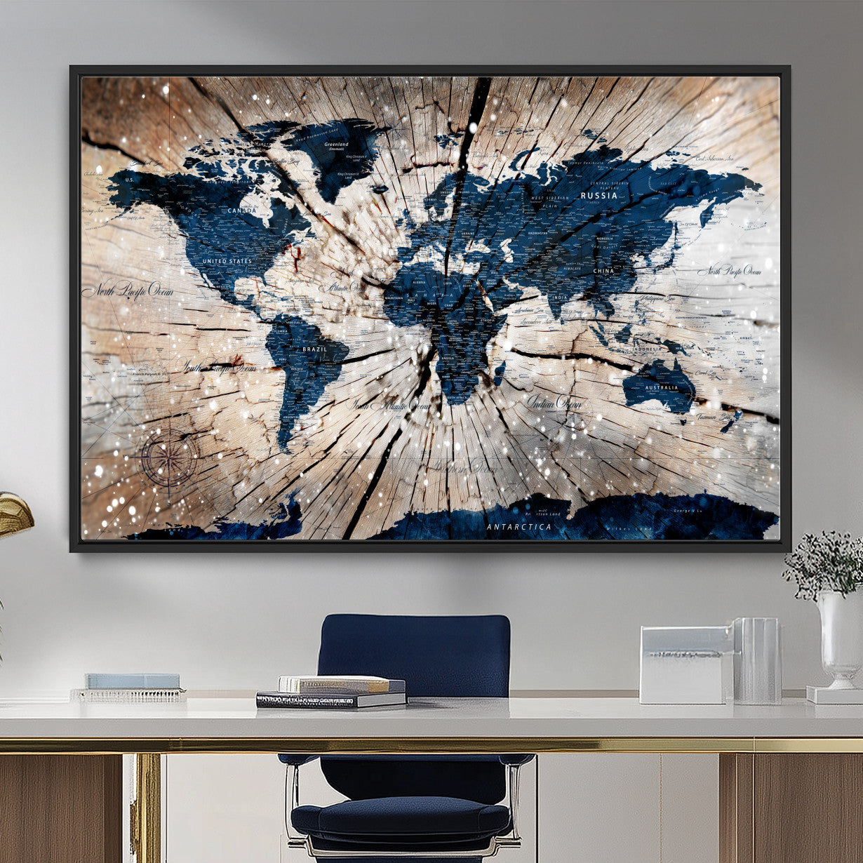 99001695-MGV-FC-36X24 - World Map Wall Art Canvas Print, Modern Decorative Framed Map Artwork Prints for Living Room, Office, Bedroom Wall Decor