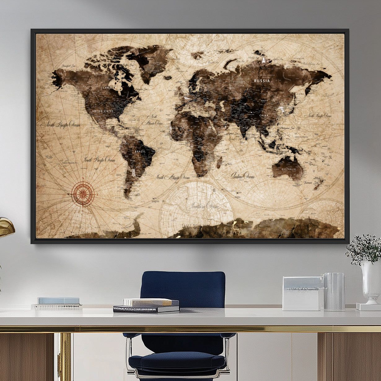 97114757-MGV-FC-36X24 - Vintage World Map Wall Art Canvas Print, Modern Decorative Framed Map Artwork Prints for Living Room, Office, Bedroom Wall Decor
