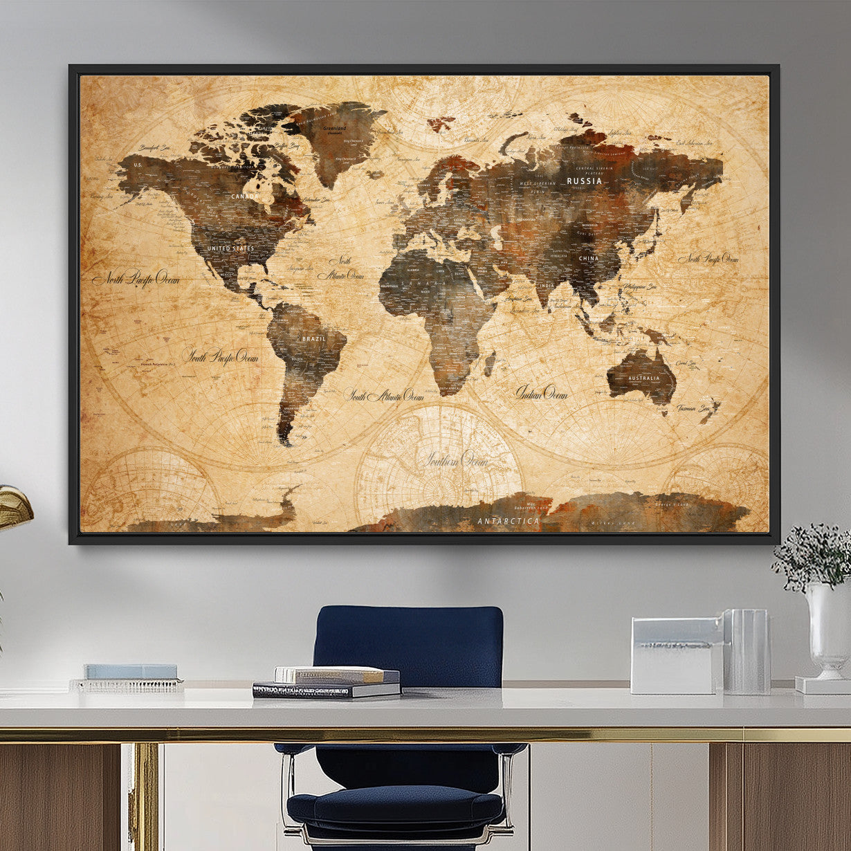 14542905-MGV-FC-36X24 - World Map Wall Art Canvas Print, Modern Decorative Framed Map Artwork Prints for Living Room, Office, Bedroom Wall Decor