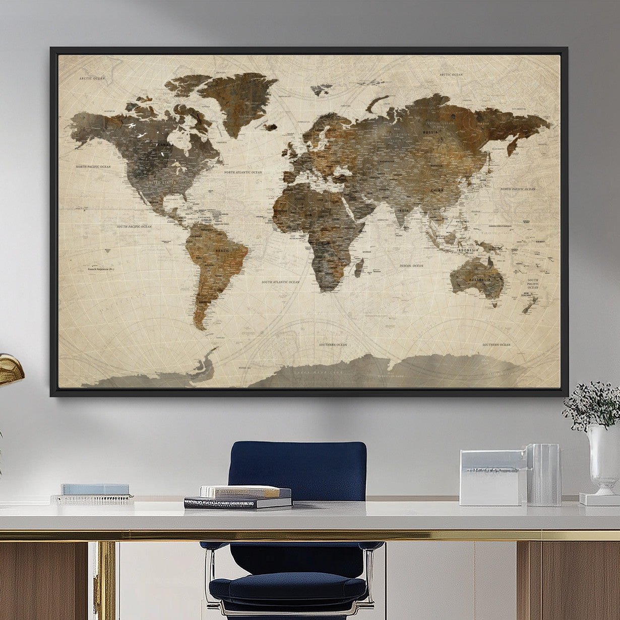 91849163-MGV-FC-36X24 - World Map Wall Art Canvas Print, Modern Decorative Framed Map Artwork Prints for Living Room, Office, Bedroom Wall Decor