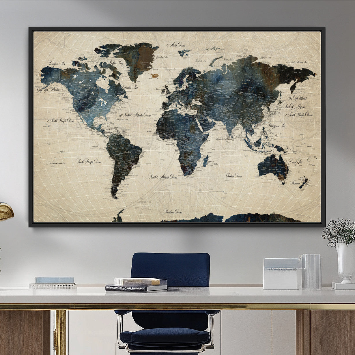 33438443-MGV-FC-36X24 - World Map Wall Art Canvas Print, Modern Decorative Framed Map Artwork Prints for Living Room, Office, Bedroom Wall Decor