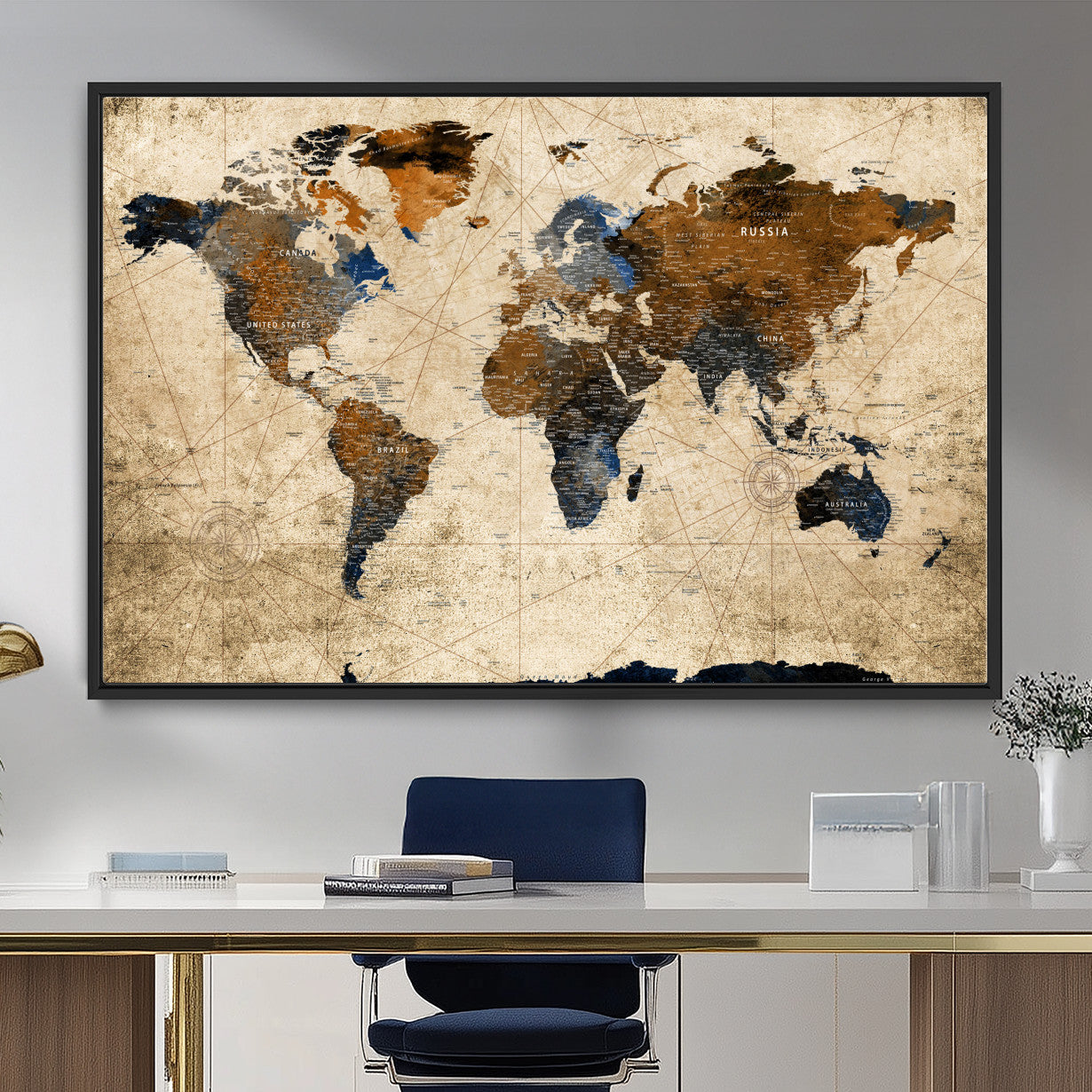 56297284-MGV-FC-36X24 - World Map Wall Art Canvas Print, Modern Decorative Framed Map Artwork Prints for Living Room, Office, Bedroom Wall Decor