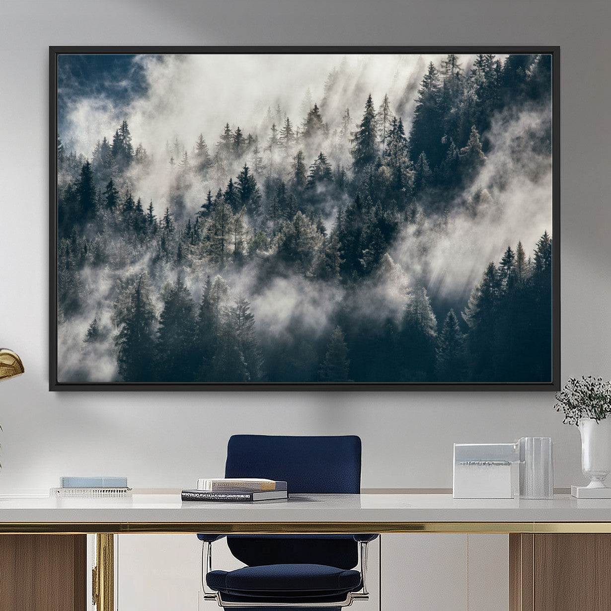 270372951-MGV-FC-36X24 - Misty Pine Forest Canvas Wall Art – Dark Forest Mountaing and Nature Landscape Print, Horizontal Canvas Print