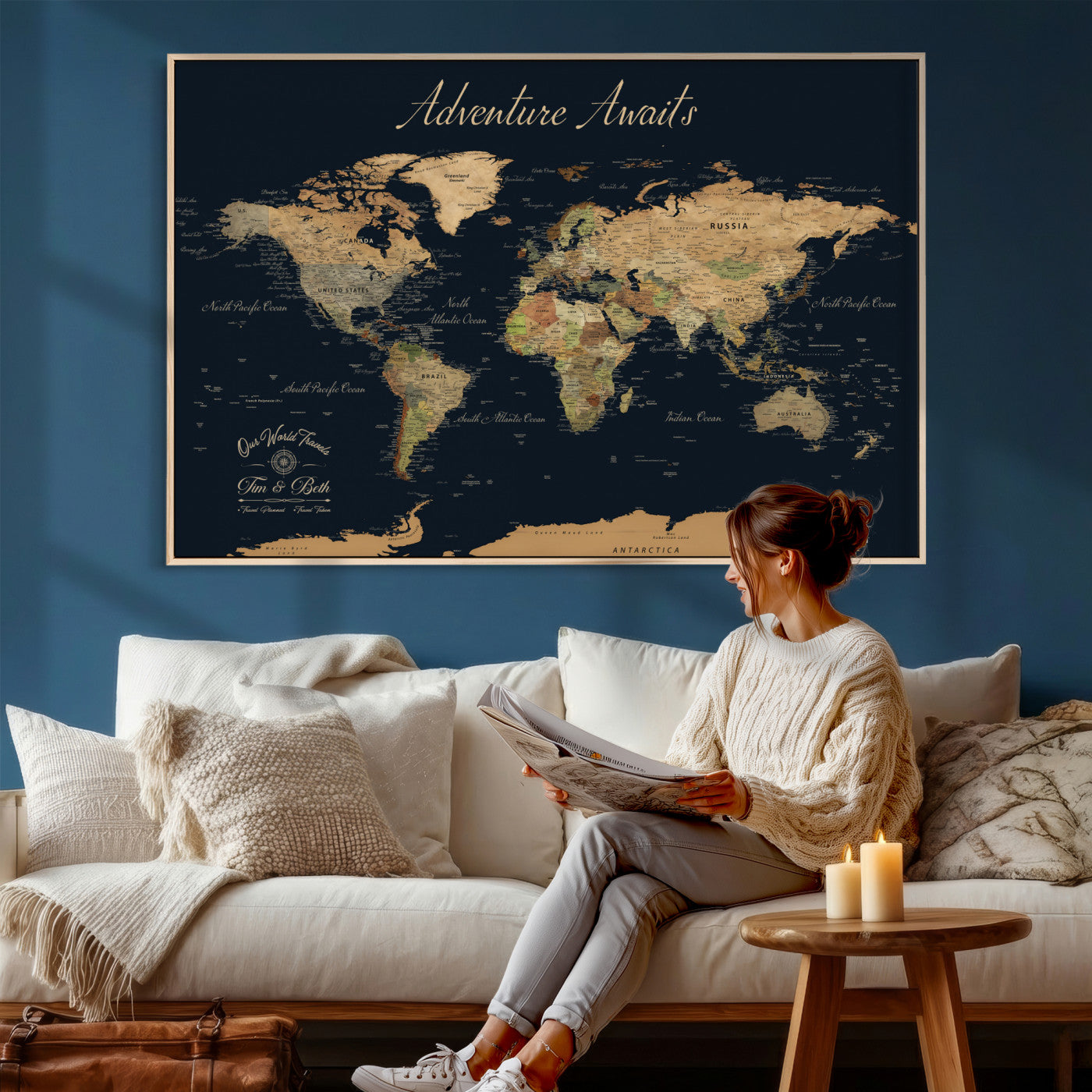 92618915-MGV-FC-36X24 - Customized Push Pin World Map Wall Art Canvas Print with Pins, Framed Personalize Travel Tracker Map, World Map for Living Room and Office Decor