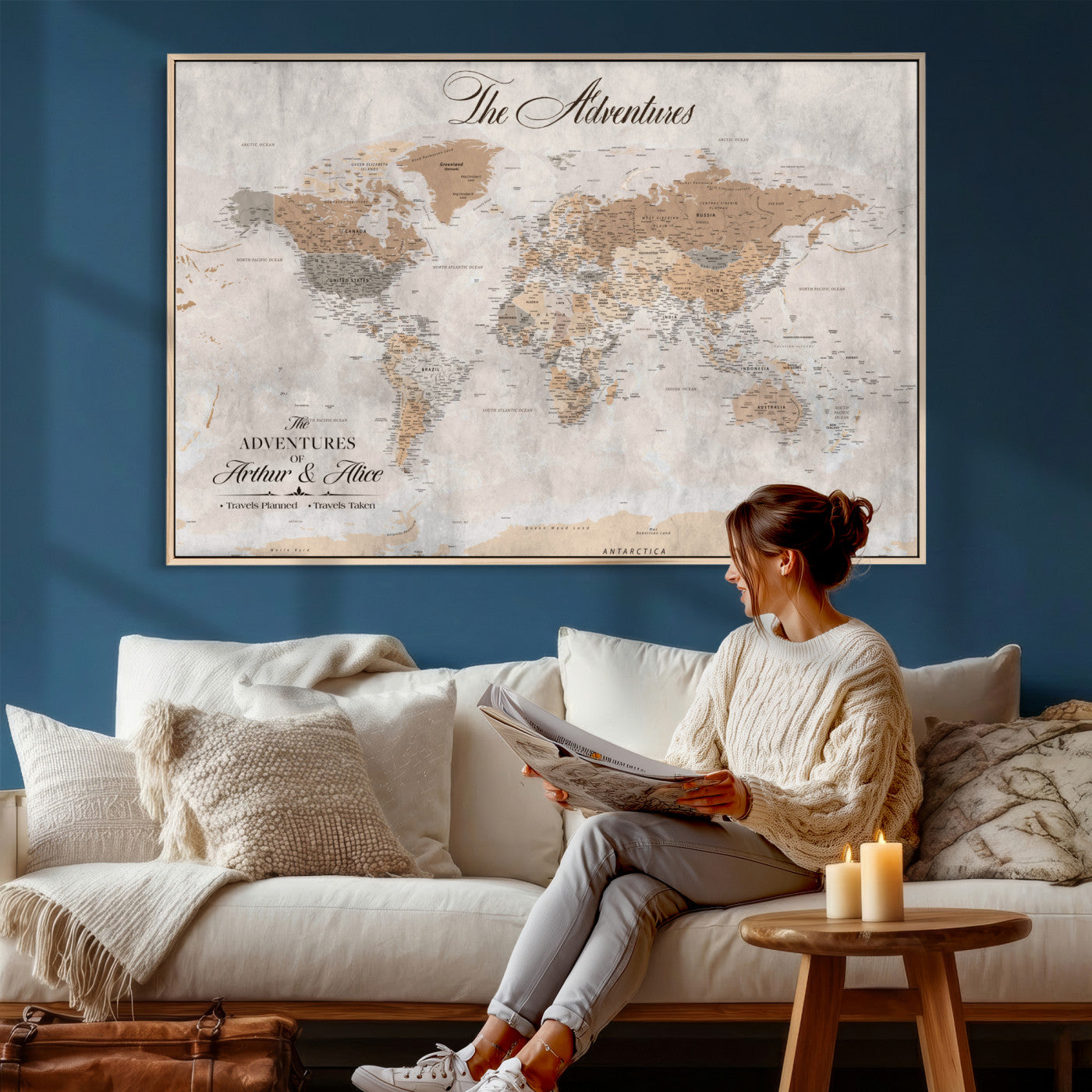 85771580-MGV-FC-36X24 - Custom Push Pin World Map Wall Art Canvas Print with Pins, Framed Personalize Travel Tracker Map, World Map for Living Room and Office Decor