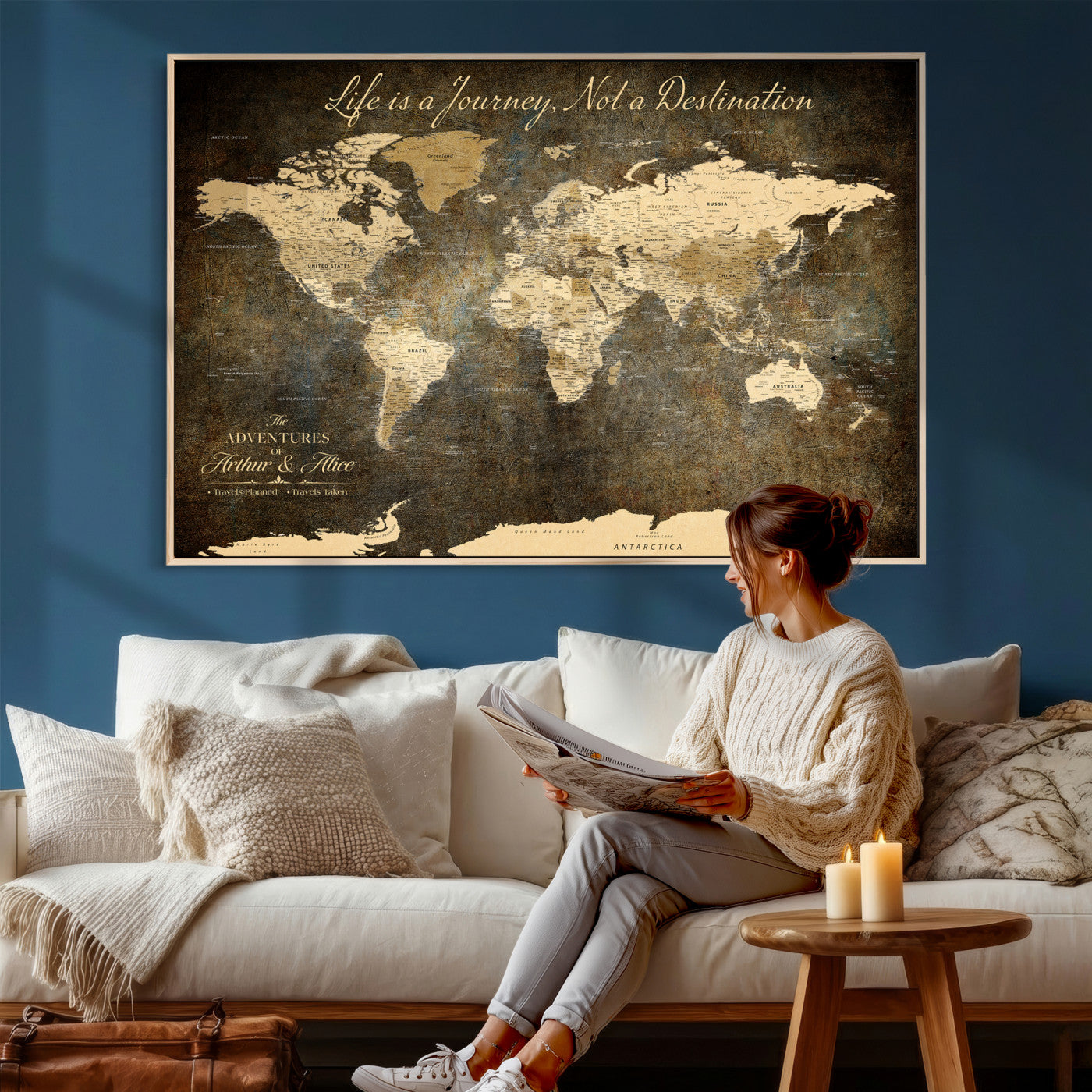 75877068-MGV-CV-36X24 - Custom Push Pin World Map Wall Art Canvas Print – Personalized Travel Tracker with Pins Framed Large for Home and Office Decor