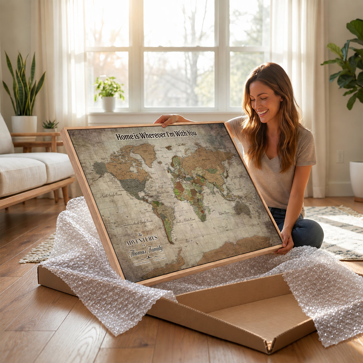 22593671-MGV-CV-36X24 - Personalized Beige Geometric World Map Canvas with Push Pins, Next Trip Planner Map, Study and Entryway Decor