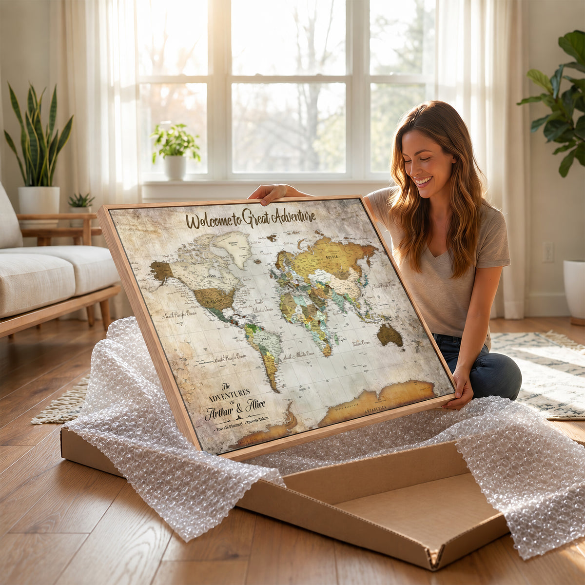 33043195-MGV-CV-36X24 - Personalized Beige World Travel Map Wall Art with Pins, Family Travel Tracker, Family Room and Study Decor