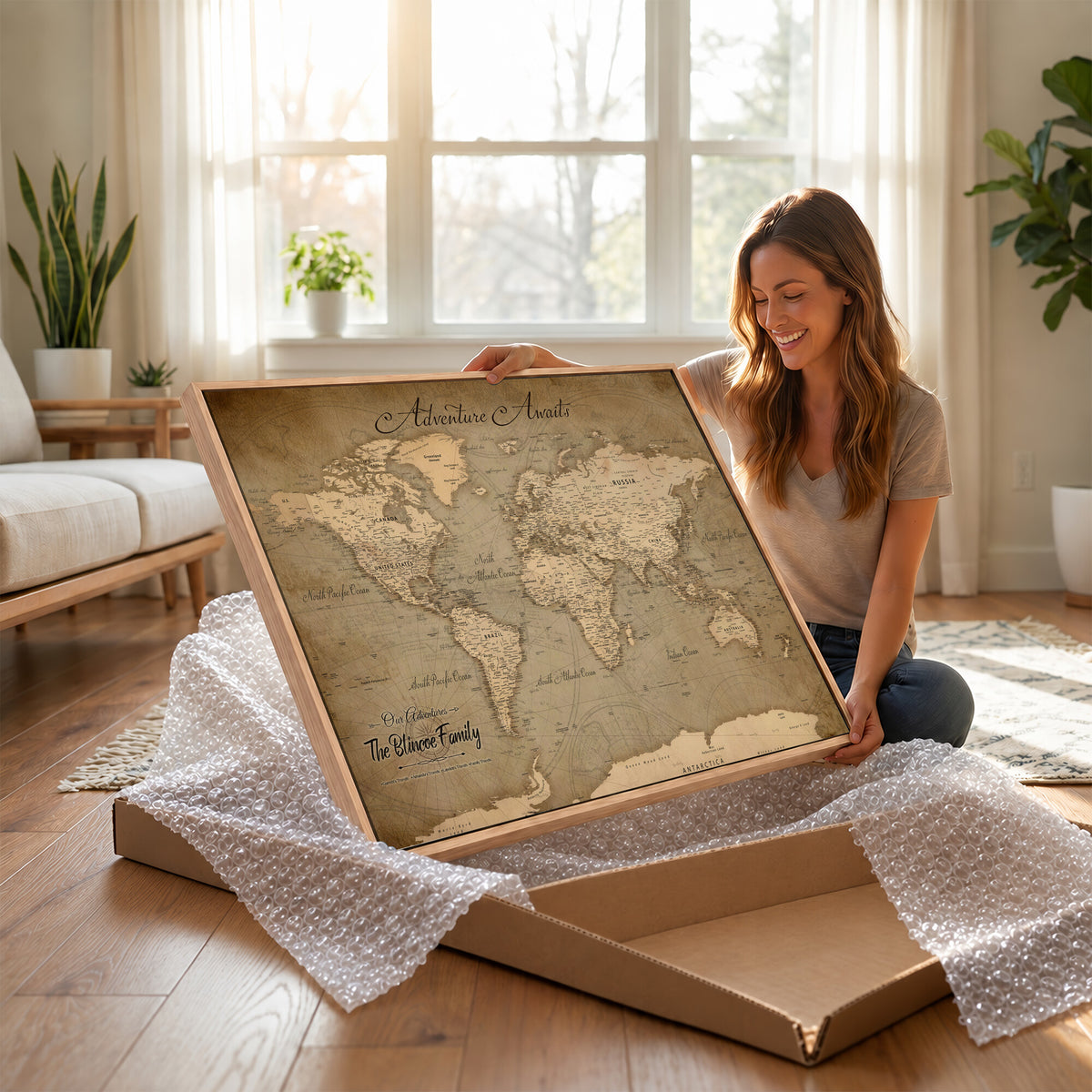 59418012-MGV-CV-36X24 - Personalized Framed Beige World Travel Map Wall Art with Pins, Family Travel Tracker, Family Room and Entryway Decor
