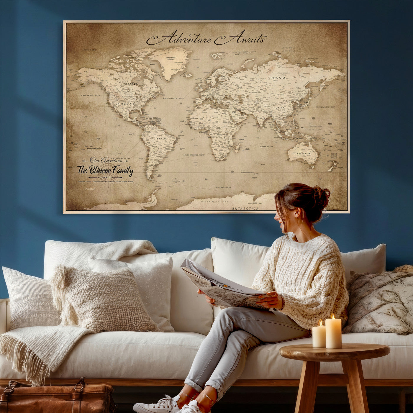 59757370-MGV-CV-36X24 - Custom Push Pin World Map Wall Art Canvas Print – Personalized Travel Tracker with Pins Framed Large for Home and Office Decor