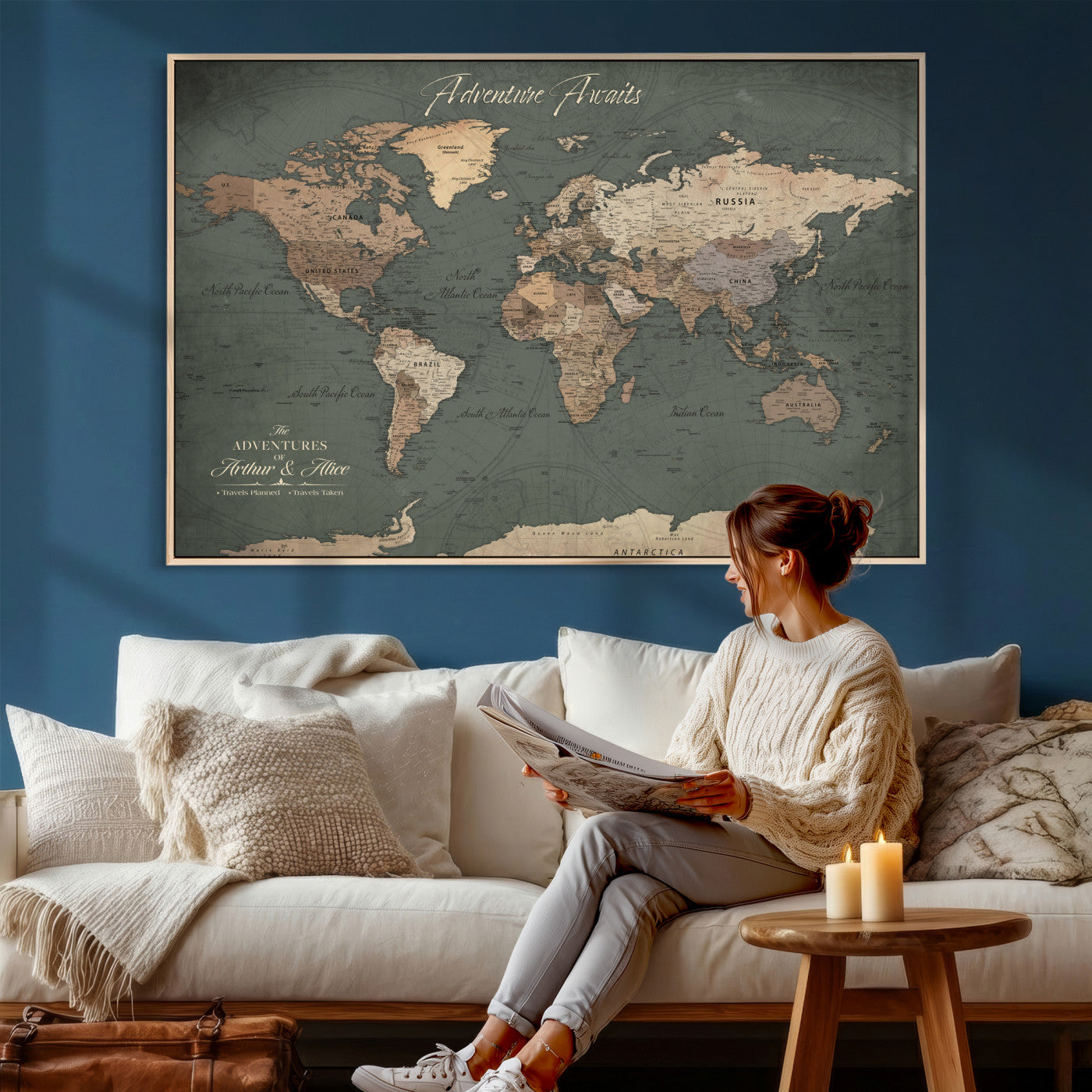 24734446-MGV-CV-36X24 - Custom Push Pin World Map Wall Art Canvas Print – Personalized Travel Tracker with Pins Framed Large for Home and Office Decor