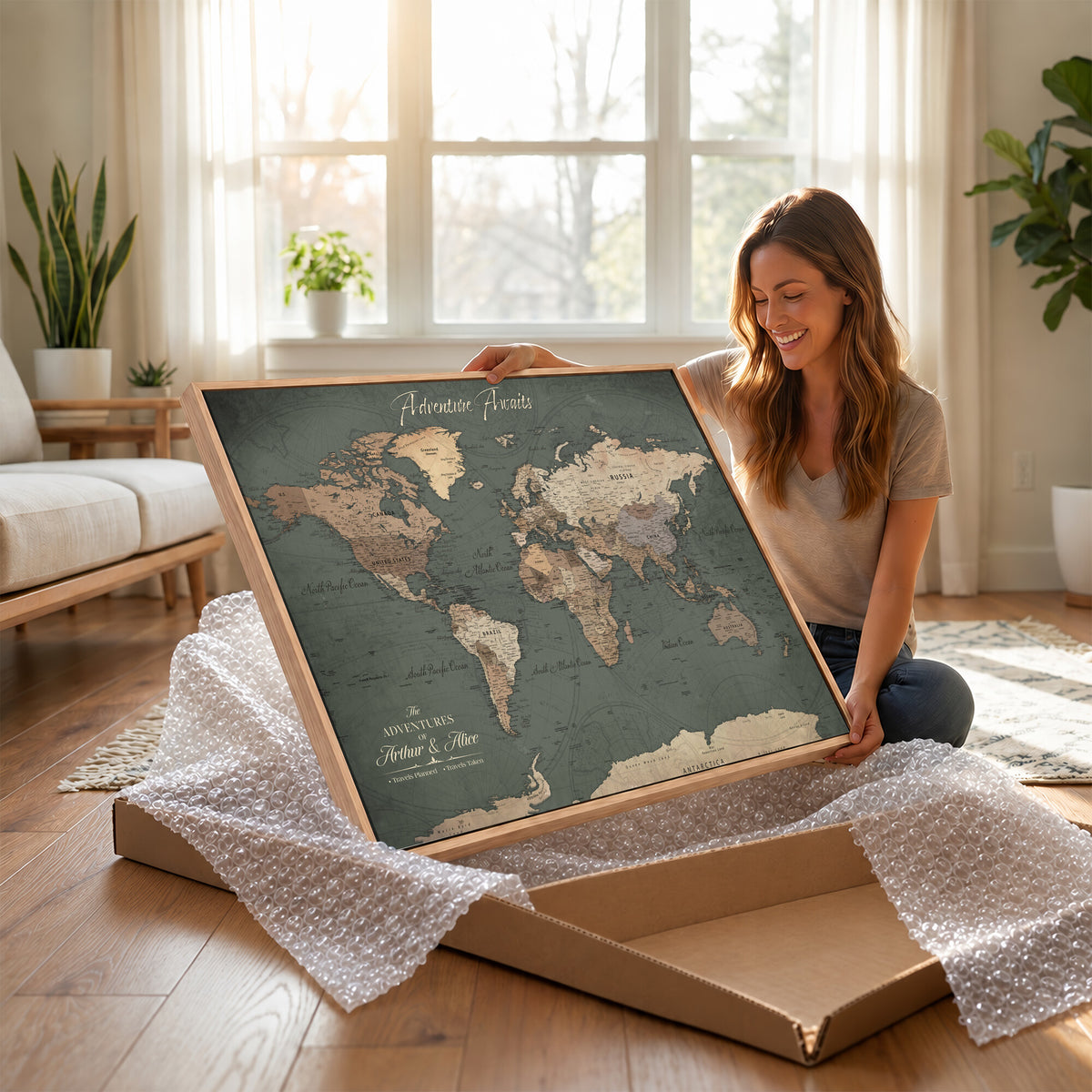 24734446-MGV-CV-36X24 - Personalized Framed Beige Modern World Map Canvas with Push Pins, Bucket List Map, Family Room and Dining Room Decor
