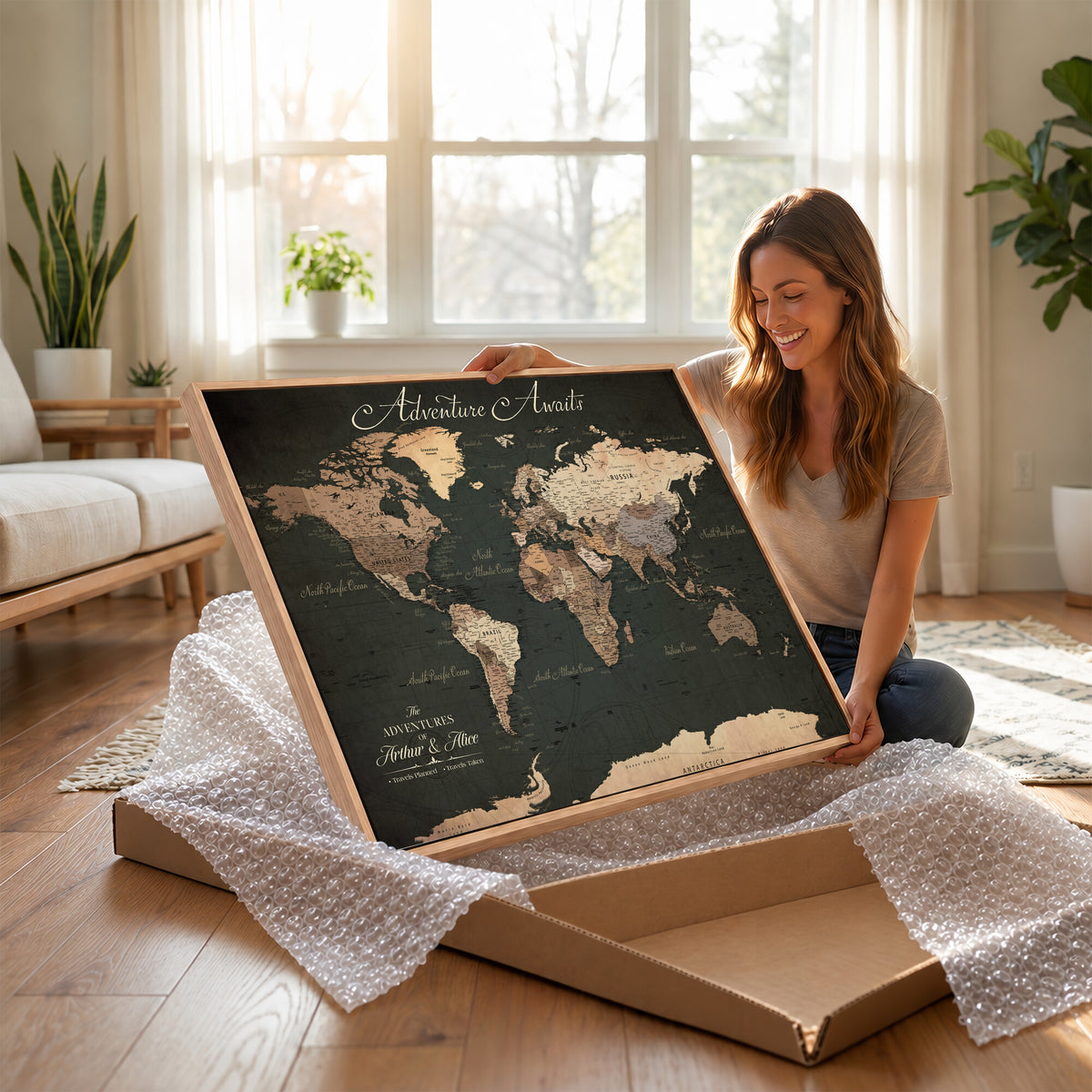 74987709-MGV-CV-36X24 - Custom Gray Modern Push Pin Travel Map Canvas Print, Next Trip Planner Map, Family Room and Bedroom Decor