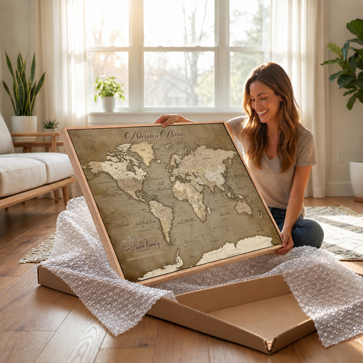 96775856-MGV-CV-36X24 - Custom Beige Modern Push Pin World Map Canvas Print, Family Travel Tracker, Dining Room and Home Office Decor