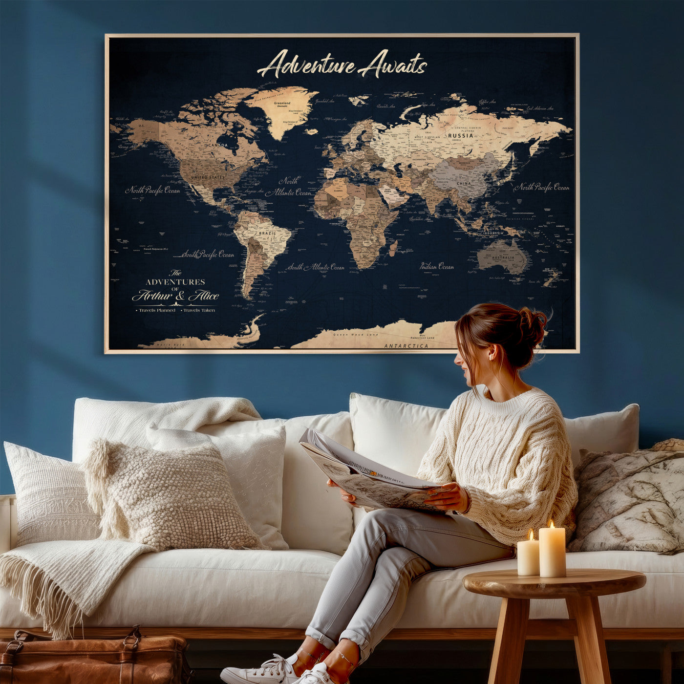 64110301-MGV-CV-36X24 - Custom Push Pin World Map Wall Art Canvas Print - Personalized Travel Tracker with Pins Framed Large for Home and Office Decor