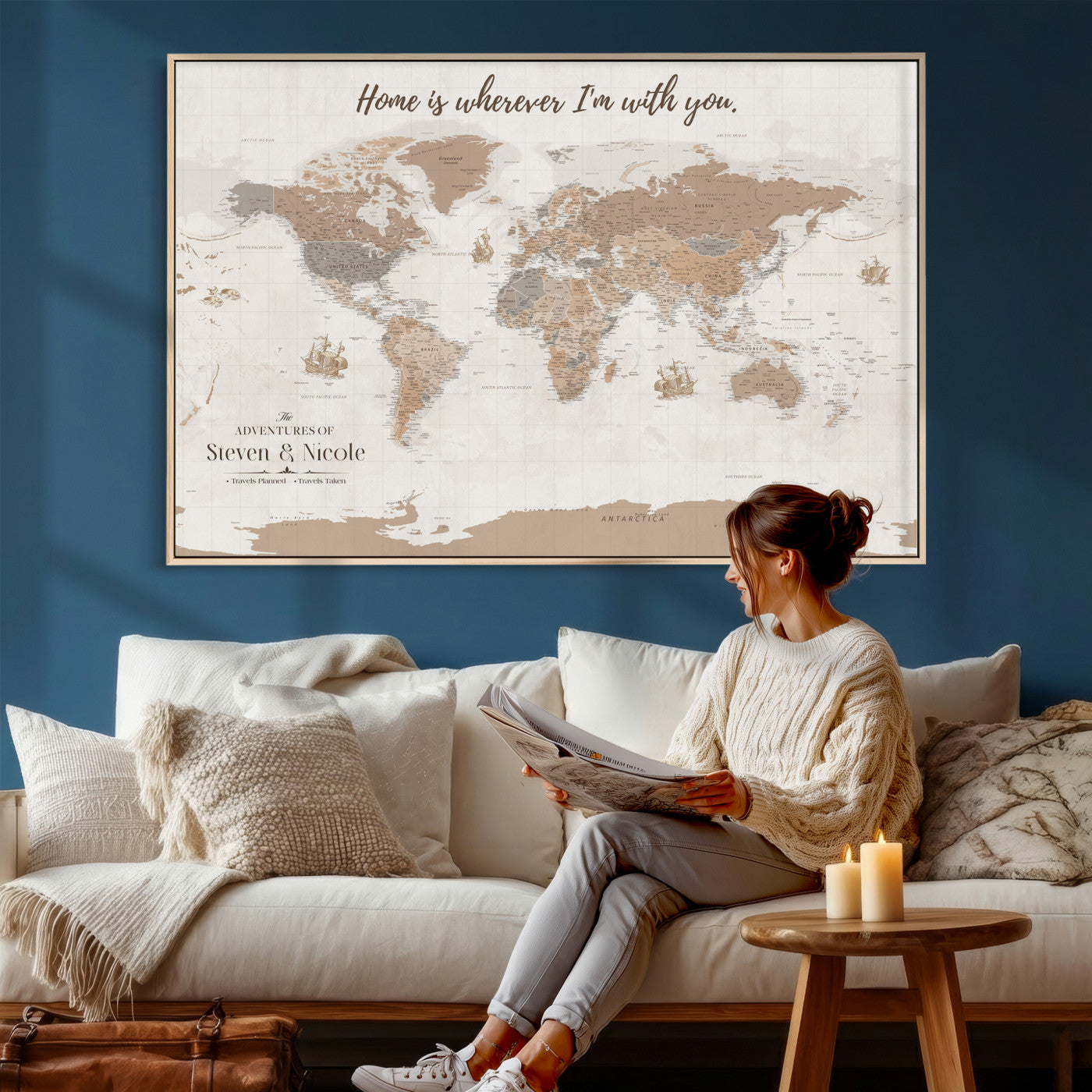 25831578-MGV-CV-36X24 - Custom Push Pin World Map Wall Art Canvas Print – Personalized Travel Tracker with Pins Framed Large for Home and Office Decor