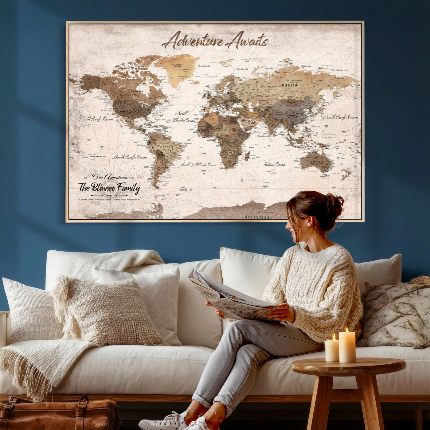 70887266-MGV-CV-36X24 - Custom Push Pin World Map Wall Art Canvas Print – Personalized Travel Tracker with Pins Framed Large for Home and Office Decor