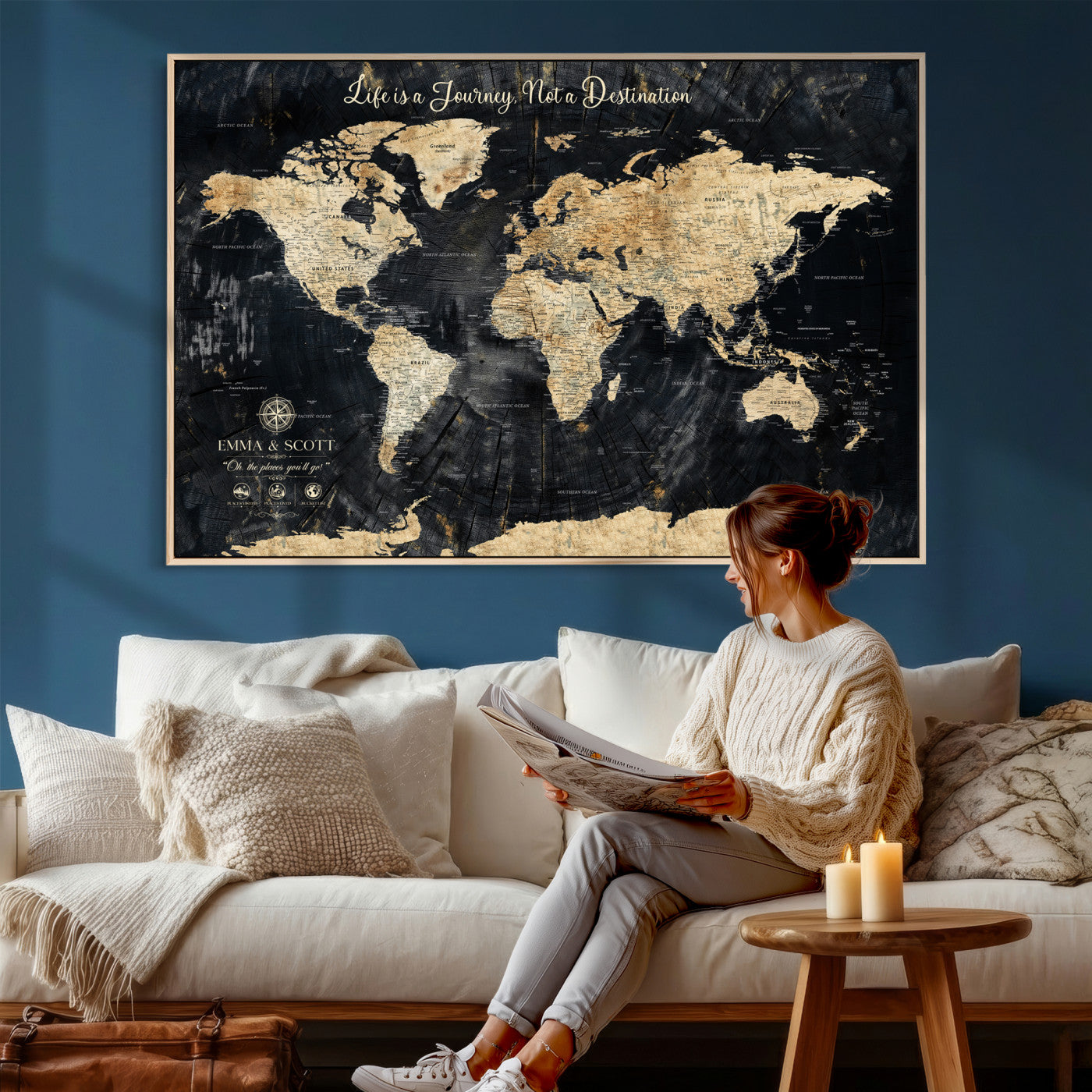 77472096-MGV-CV-36X24 - Custom Push Pin World Map Wall Art Canvas Print – Personalized Travel Tracker with Pins Framed Large for Home and Office Decor