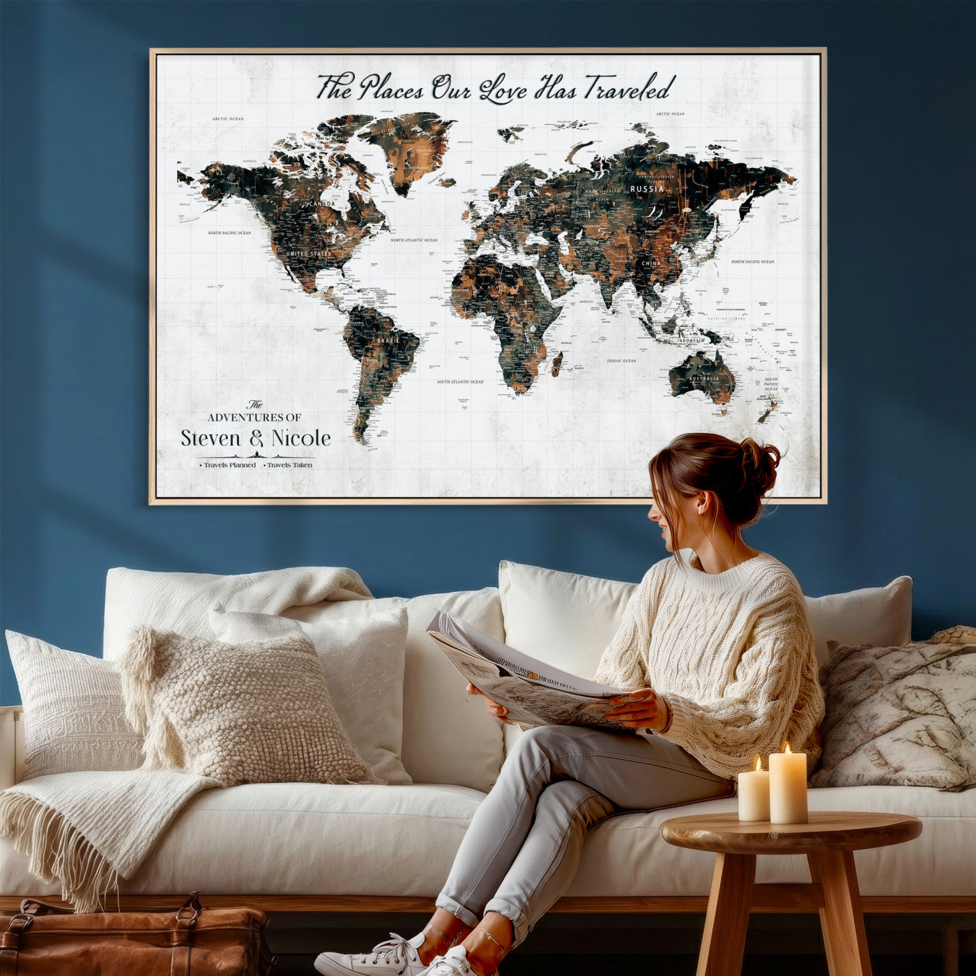 29090064-MGV-CV-36X24 - Custom Push Pin World Map Wall Art Canvas Print – Personalized Travel Tracker with Pins Framed Large for Home and Office Decor