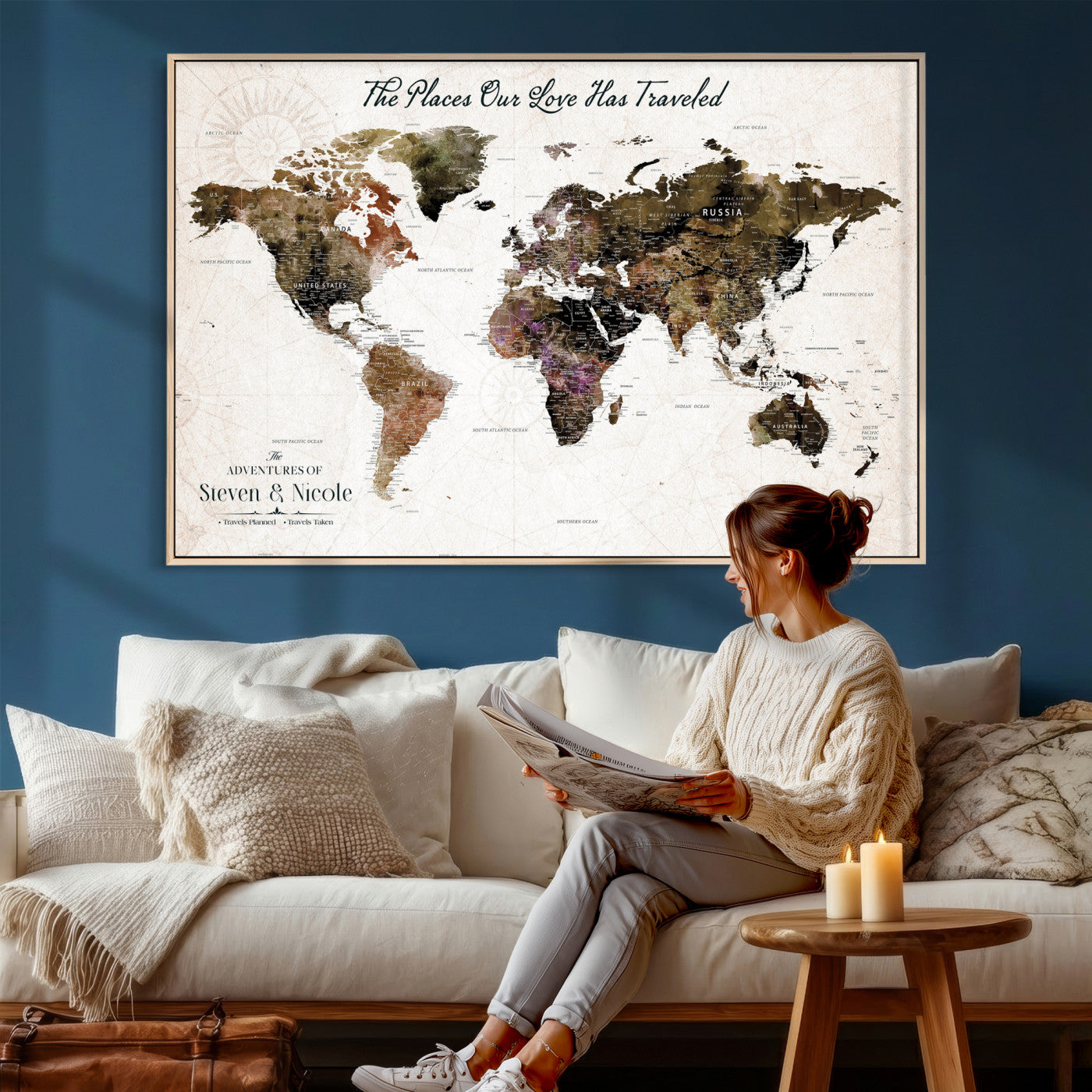 34345515-MGV-CV-36X24 - Custom Push Pin World Map Wall Art Canvas Print – Personalized Travel Tracker with Pins Framed Large for Home and Office Decor