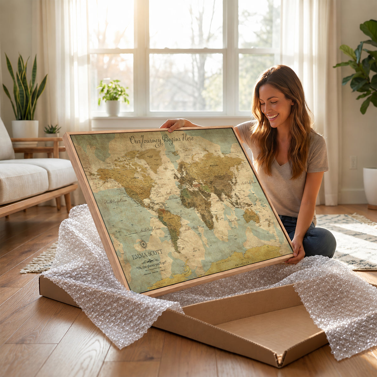 66550749-MGV-CV-36X24 - Custom Push Pin World Map Wall Art Canvas Print | Personalized Travel Tracker with Pins Framed Large for Home and Office Decor