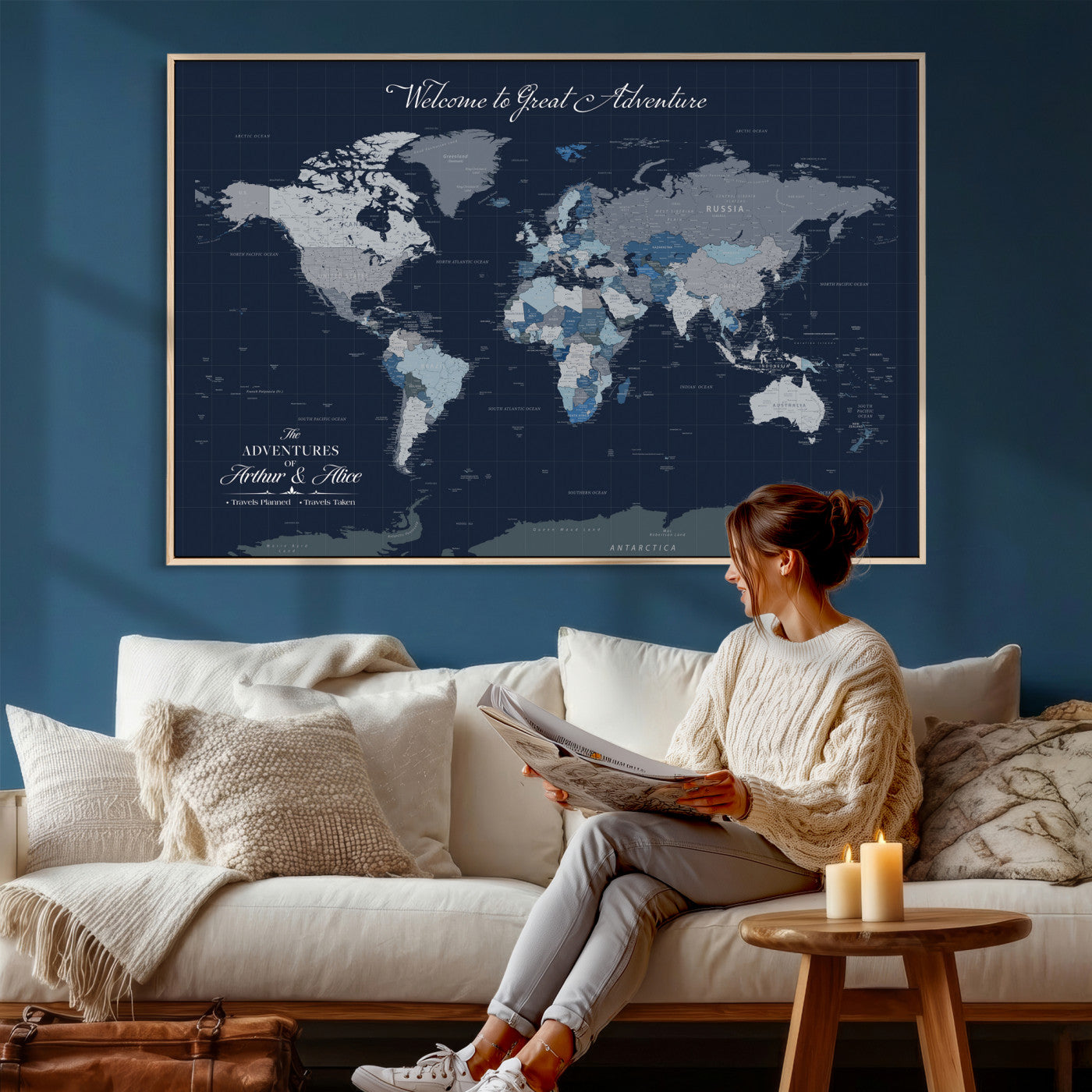 51673389-MGV-CV-36X24 - Custom Push Pin World Map Wall Art Canvas Print – Personalized Travel Tracker with Pins Framed Large for Home and Office Decor