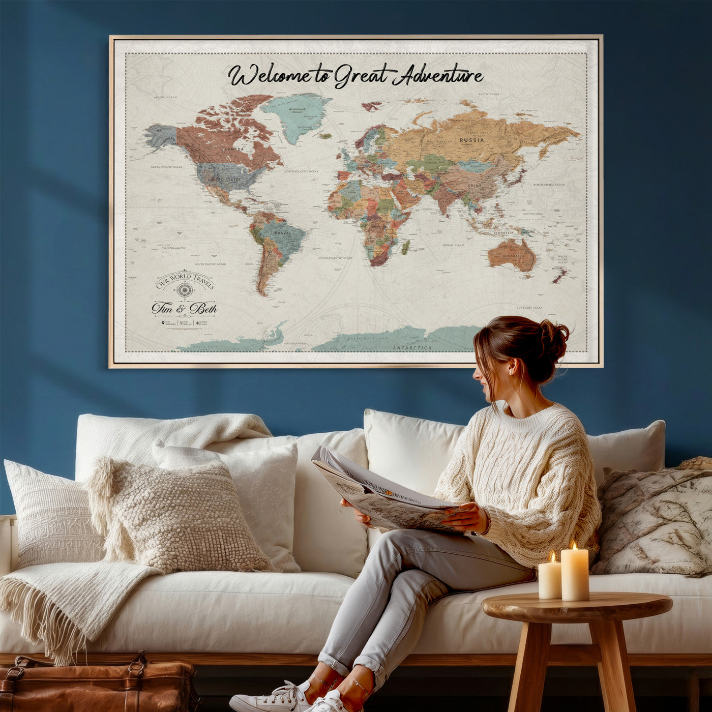 32470528-MGV-CV-36X24 - Custom Push Pin World Map Wall Art Canvas Print – Personalized Travel Tracker with Pins Framed Large for Home and Office Decor