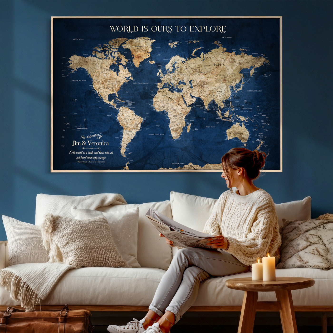 35296308-MGV-CV-36X24 - Custom Push Pin World Map Wall Art Canvas Print – Personalized Travel Tracker with Pins Framed Large for Home and Office Decor