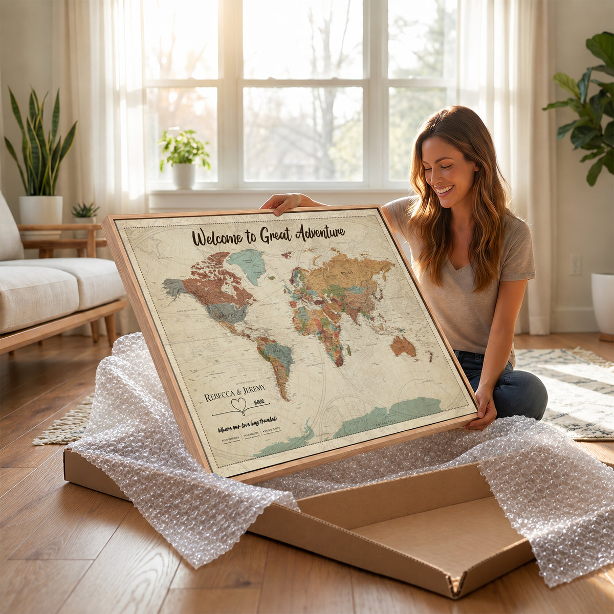 44361524-MGV-CV-36X24 - Custom Push Pin World Map Wall Art Canvas Print | Personalized Travel Tracker with Pins Framed Large for Home and Office Decor