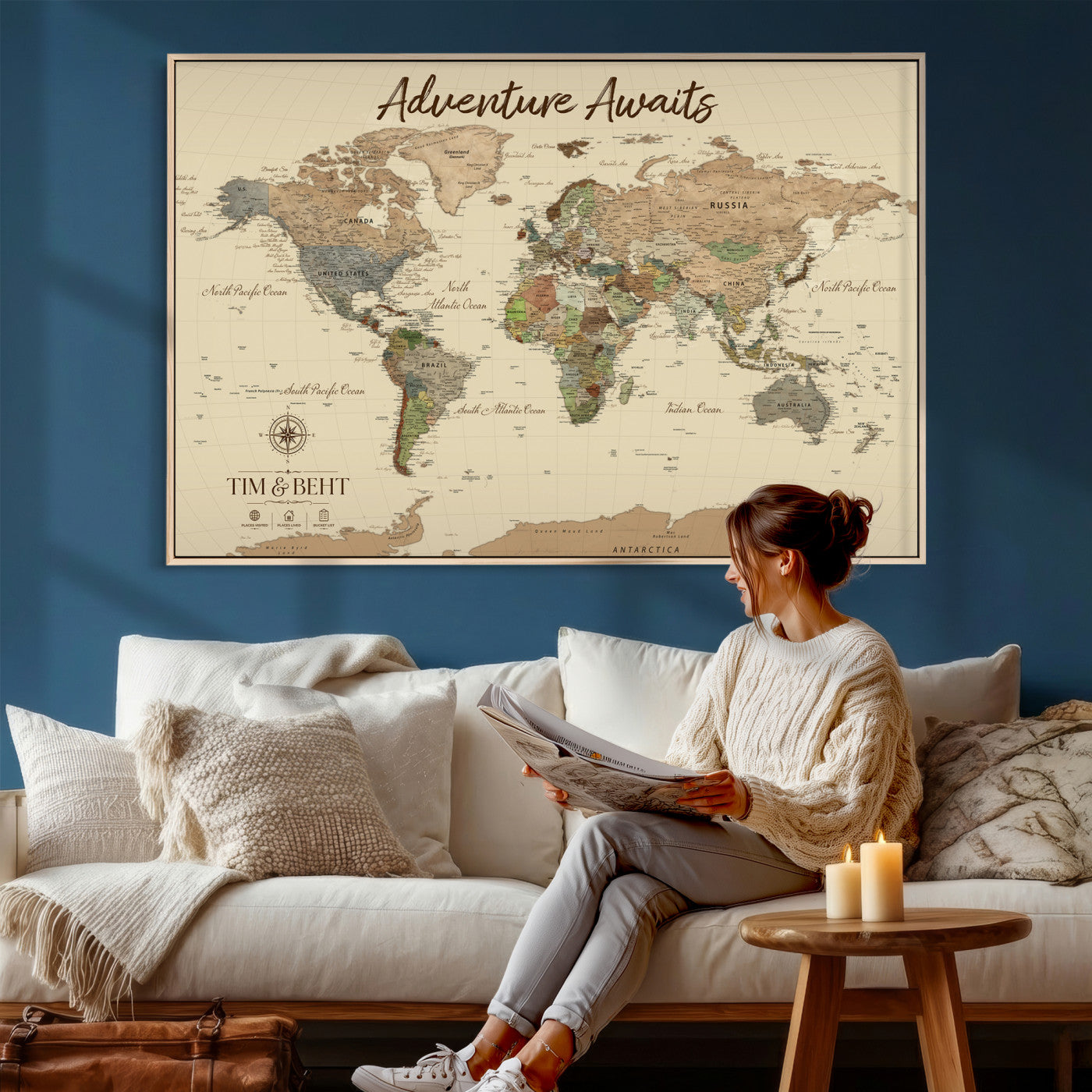 72027187-MGV-CV-36X24 - Custom Push Pin World Map Wall Art Canvas Print – Personalized Travel Tracker with Pins Framed Large for Home and Office Decor