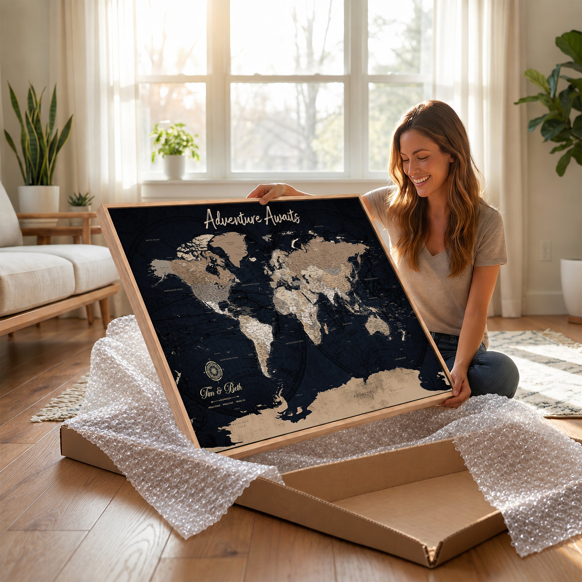 66938317-MGV-CV-36X24 - Custom Push Pin World Map Wall Art Canvas Print | Personalized Travel Tracker with Pins Framed Large for Home and Office Decor