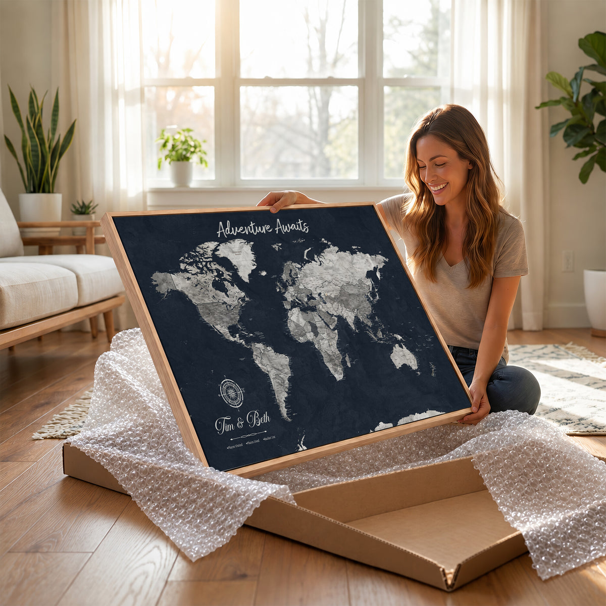 32031089-MGV-CV-36X24 - Custom Push Pin World Map Wall Art Canvas Print | Personalized Travel Tracker with Pins Framed Large for Home and Office Decor