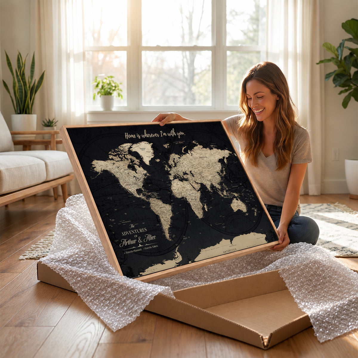 31416046-MGV-CV-36X24 - Custom Framed Beige Vintage Push Pin Travel Map Canvas Print, Honeymoon and Anniversary Gift, Study and Hallway Decor