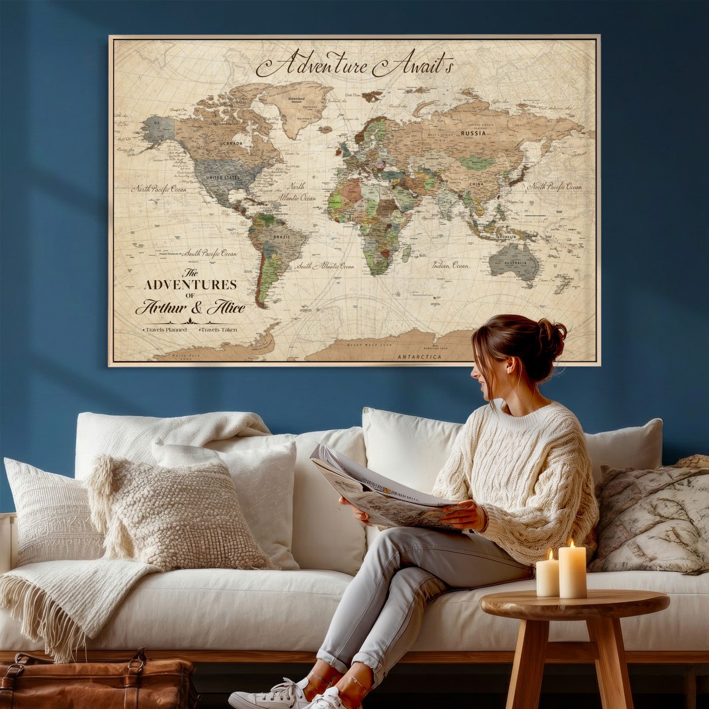 18308111-MGV-CV-36X24 - Custom Push Pin World Map Wall Art Canvas Print – Personalized Travel Tracker with Pins Framed Large for Home and Office Decor