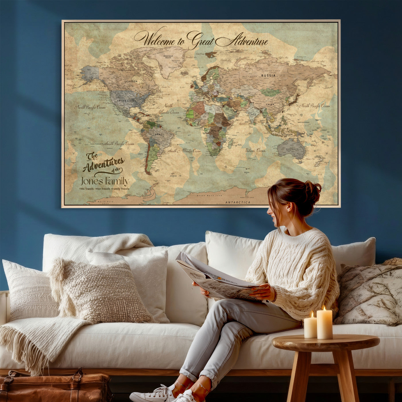 38092909-MGV-CV-36X24 - Custom Push Pin World Map Wall Art Canvas Print – Personalized Travel Tracker with Pins Framed Large for Home and Office Decor