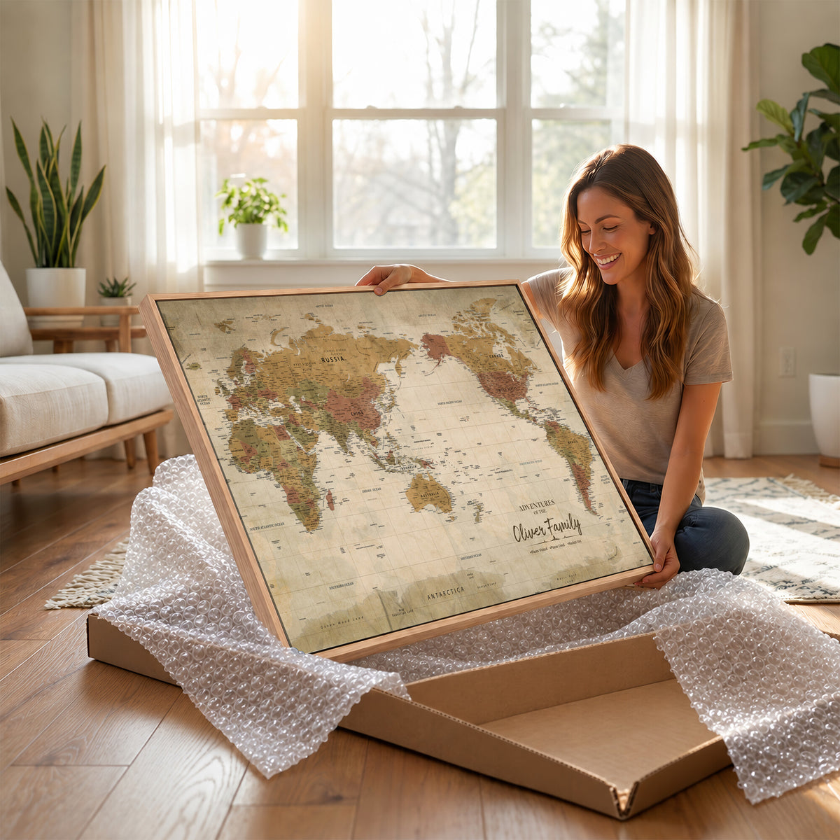 19347393-MGV-CV-36X24 - Personalized Framed Navy Modern World Map Canvas with Push Pins, Bucket List Map, Living Room and Entryway Decor