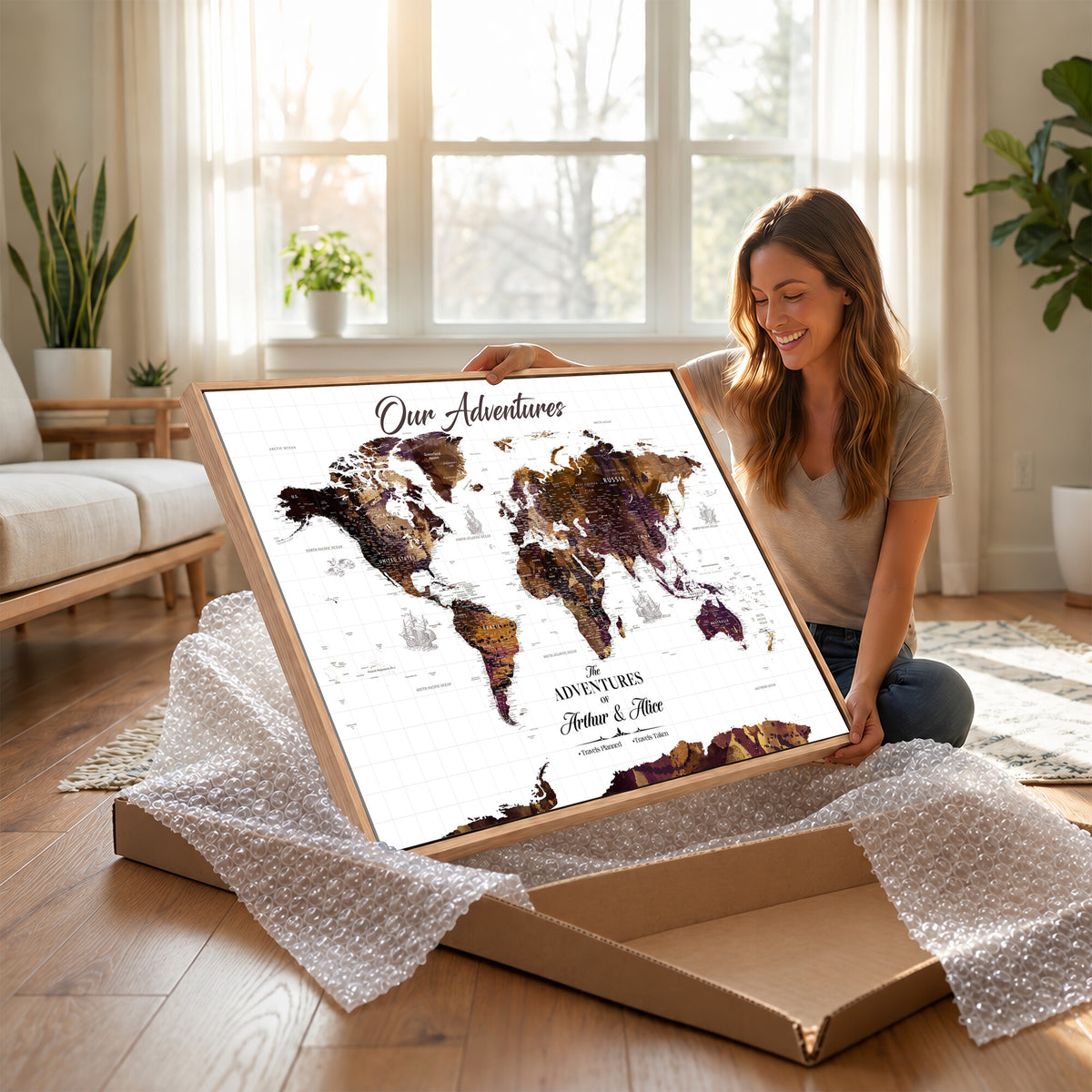 95729279-MGV-CV-36X24 - Personalized Framed Beige Vintage Push Pin Travel Map Canvas Print, Next Trip Planner Map, Home Office and Entryway Decor