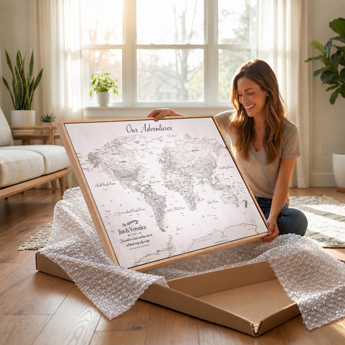 62392749-MGV-CV-36X24 - Personalized Beige Vintage World Travel Map Wall Art with Pins, Honeymoon and Anniversary Gift, Entryway and Hallway Decor
