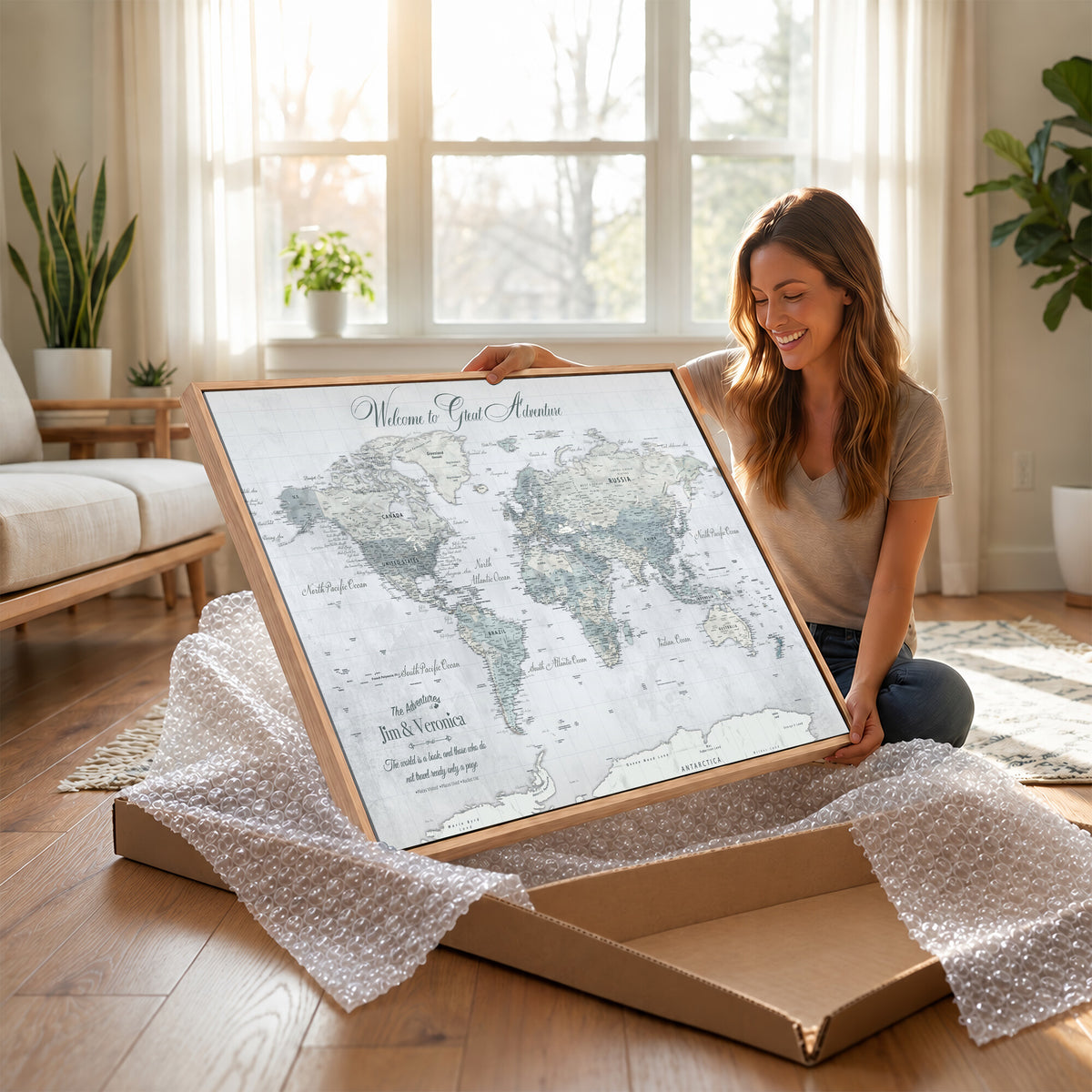 55391088-MGV-CV-36X24 - Personalized Beige Antique Push Pin World Map Canvas Print, Family Travel Tracker, Family Room and Entryway Decor
