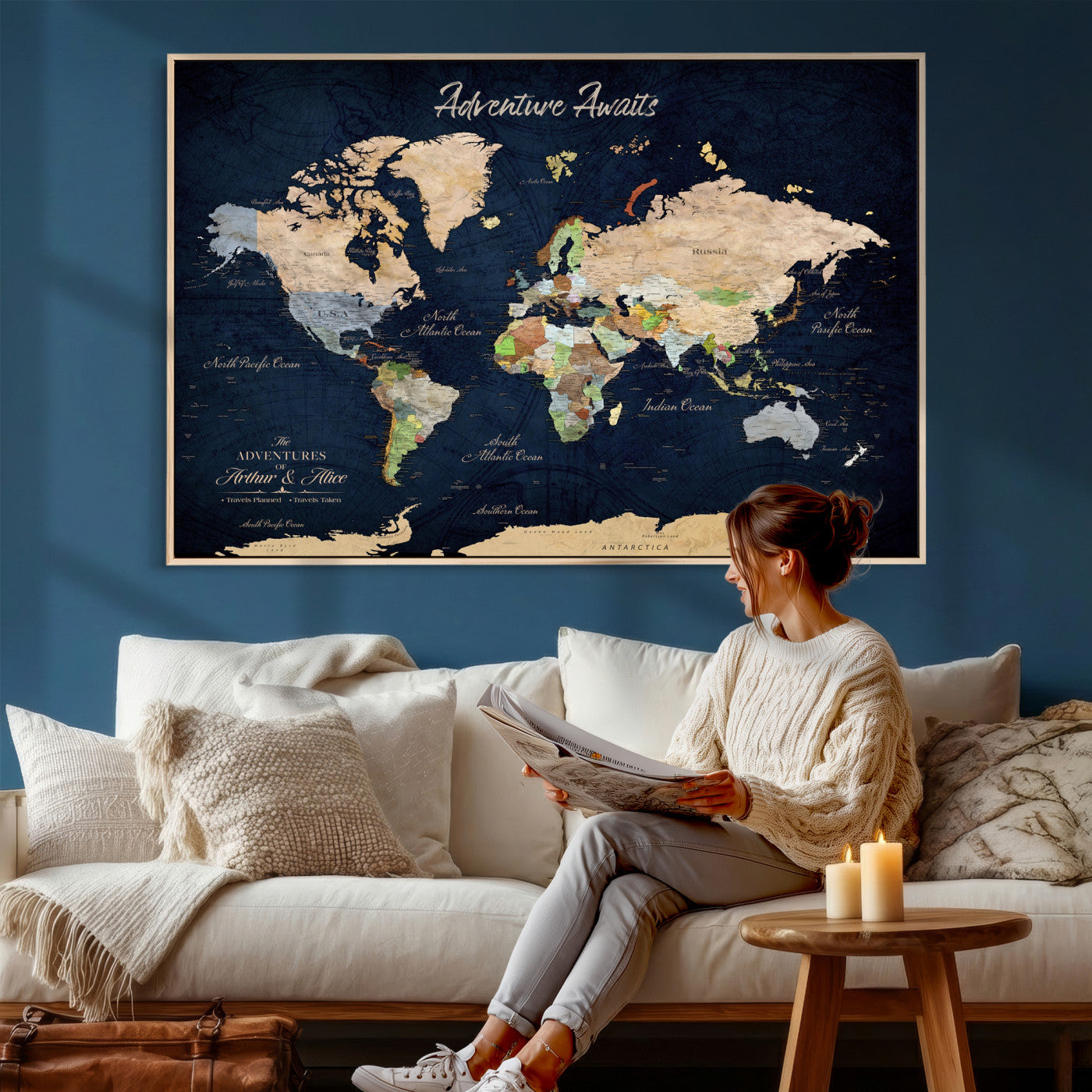 39120422-MGV-CV-36X24 - Custom Push Pin World Map Wall Art Canvas Print – Personalized Travel Tracker with Pins Framed Large for Home and Office Decor