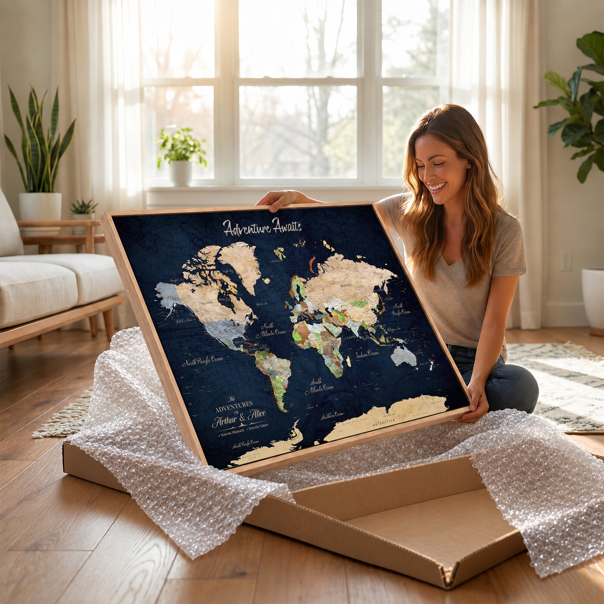 39120422-MGV-CV-36X24 - Personalized Beige Antique Push Pin Travel Map Canvas Print, Bucket List Map, Dining Room and Entryway Decor